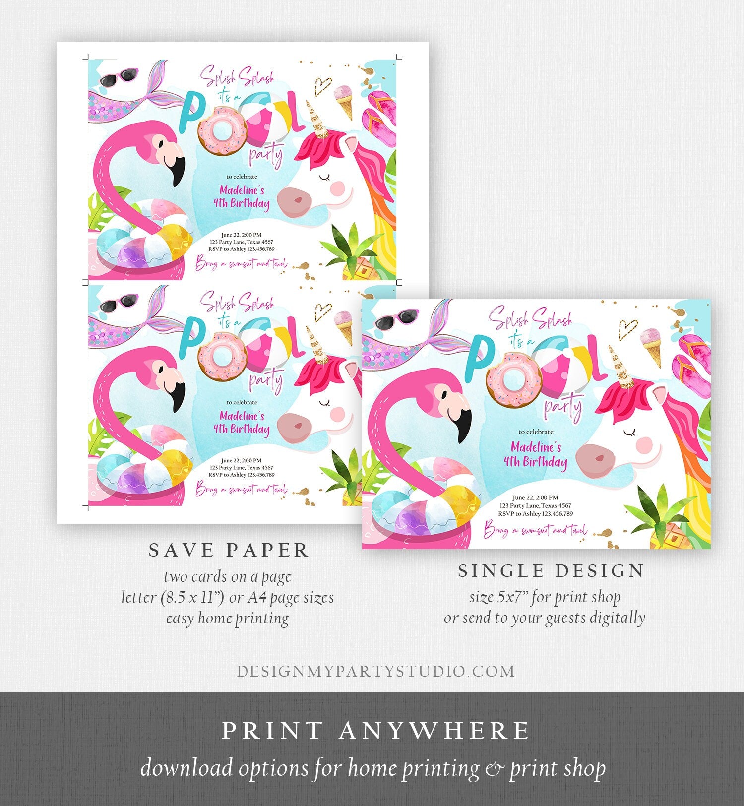 Editable Pool Party Invitation Pool Party Bash Invite Girl Pink Unicorn Float Flamingo Tropical Download Printable Template Corjl 0416