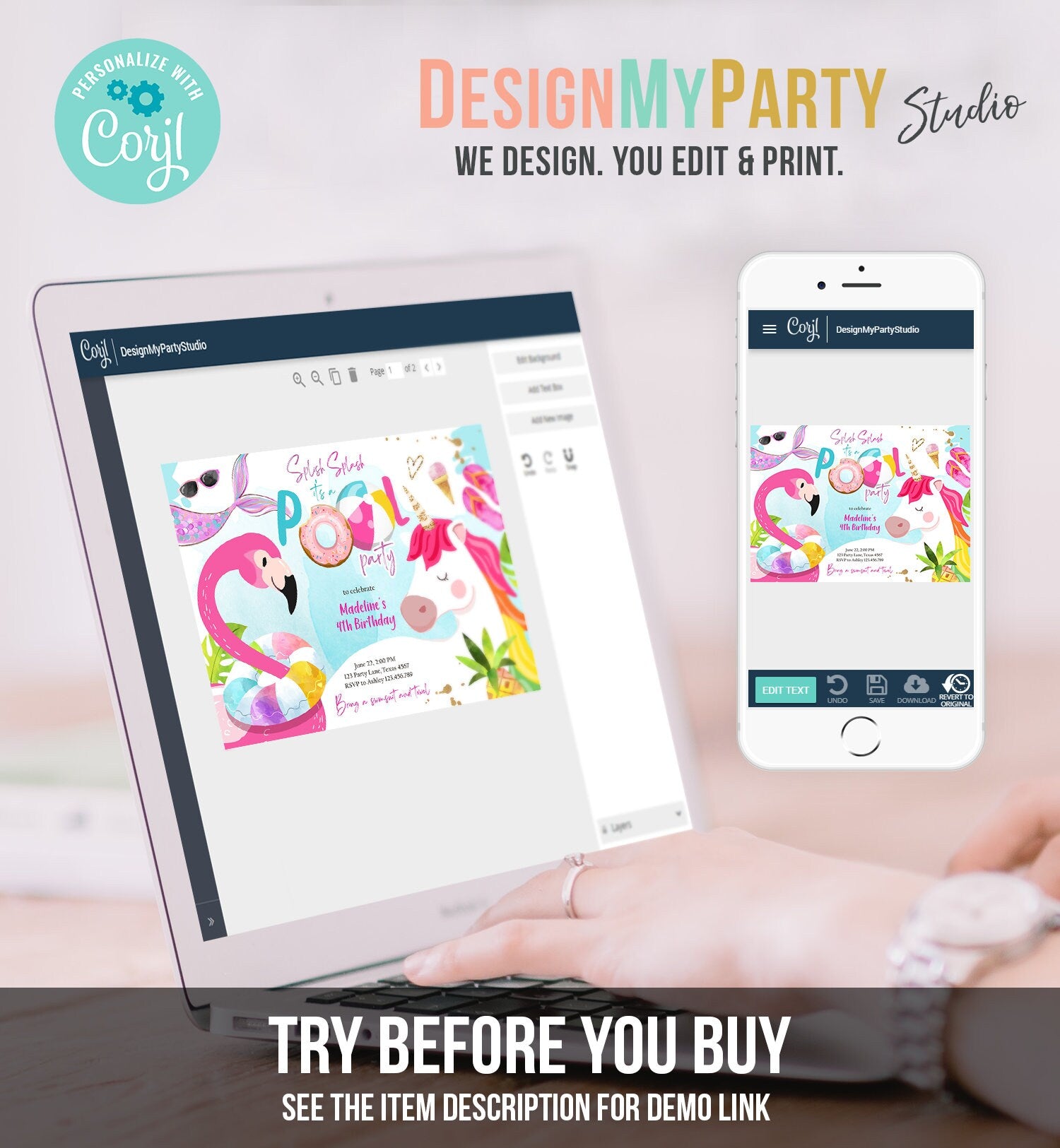 Editable Pool Party Invitation Pool Party Bash Invite Girl Pink Unicorn Float Flamingo Tropical Download Printable Template Corjl 0416