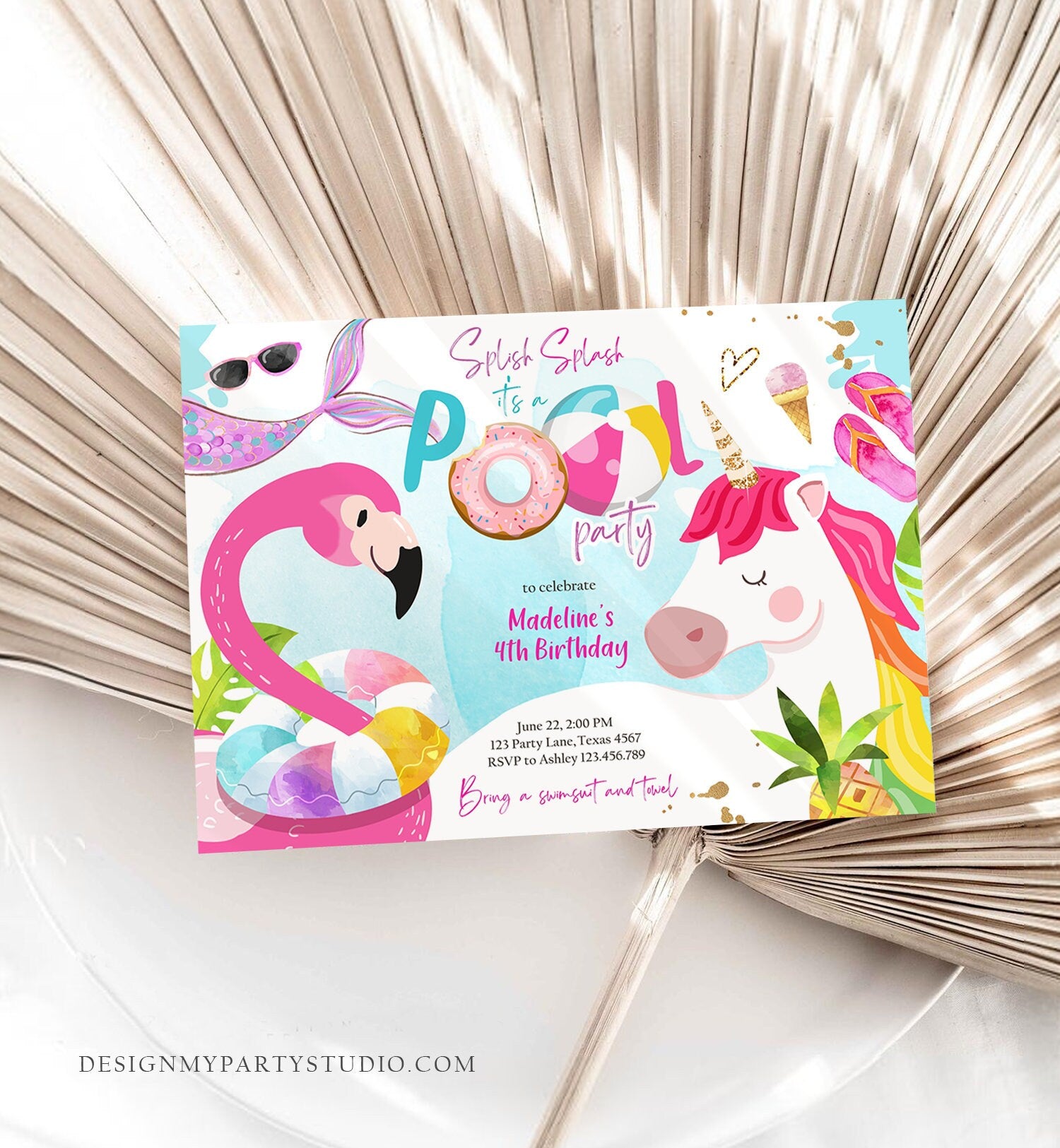 Editable Pool Party Invitation Pool Party Bash Invite Girl Pink Unicorn Float Flamingo Tropical Download Printable Template Corjl 0416