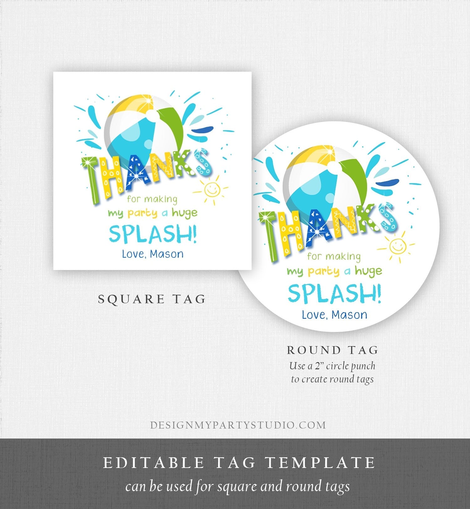 Editable Pool Party Thank You Tags Splish Splash Birthday Bash Green Yellow Tag Label Round Square Sticker Corjl Template Printable 0169