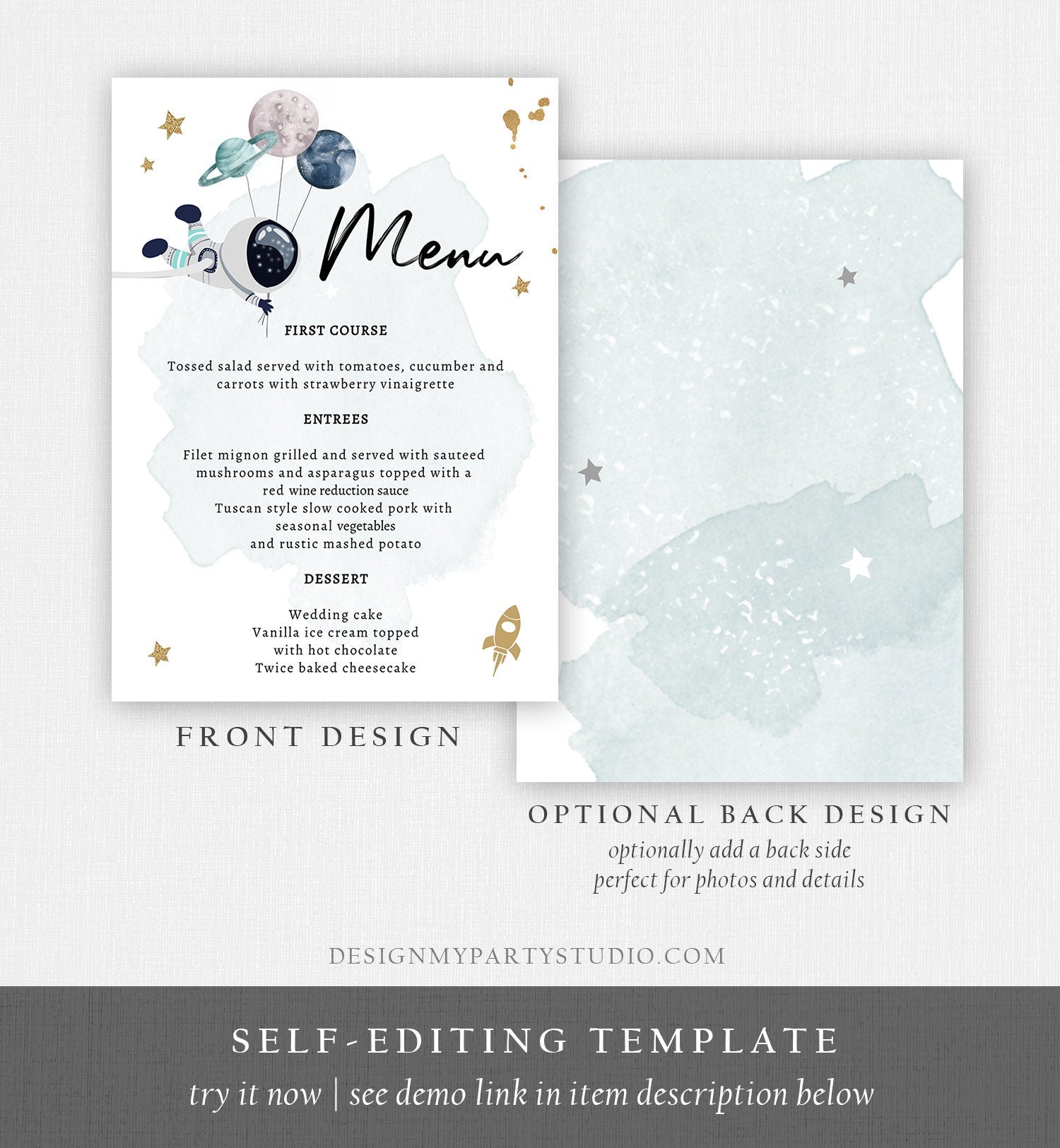 Editable Outer Space Menu Card Space Birthday Galaxy Trip Around the Sun Boy Planets Astronaut Digital Download Template Printable 0366