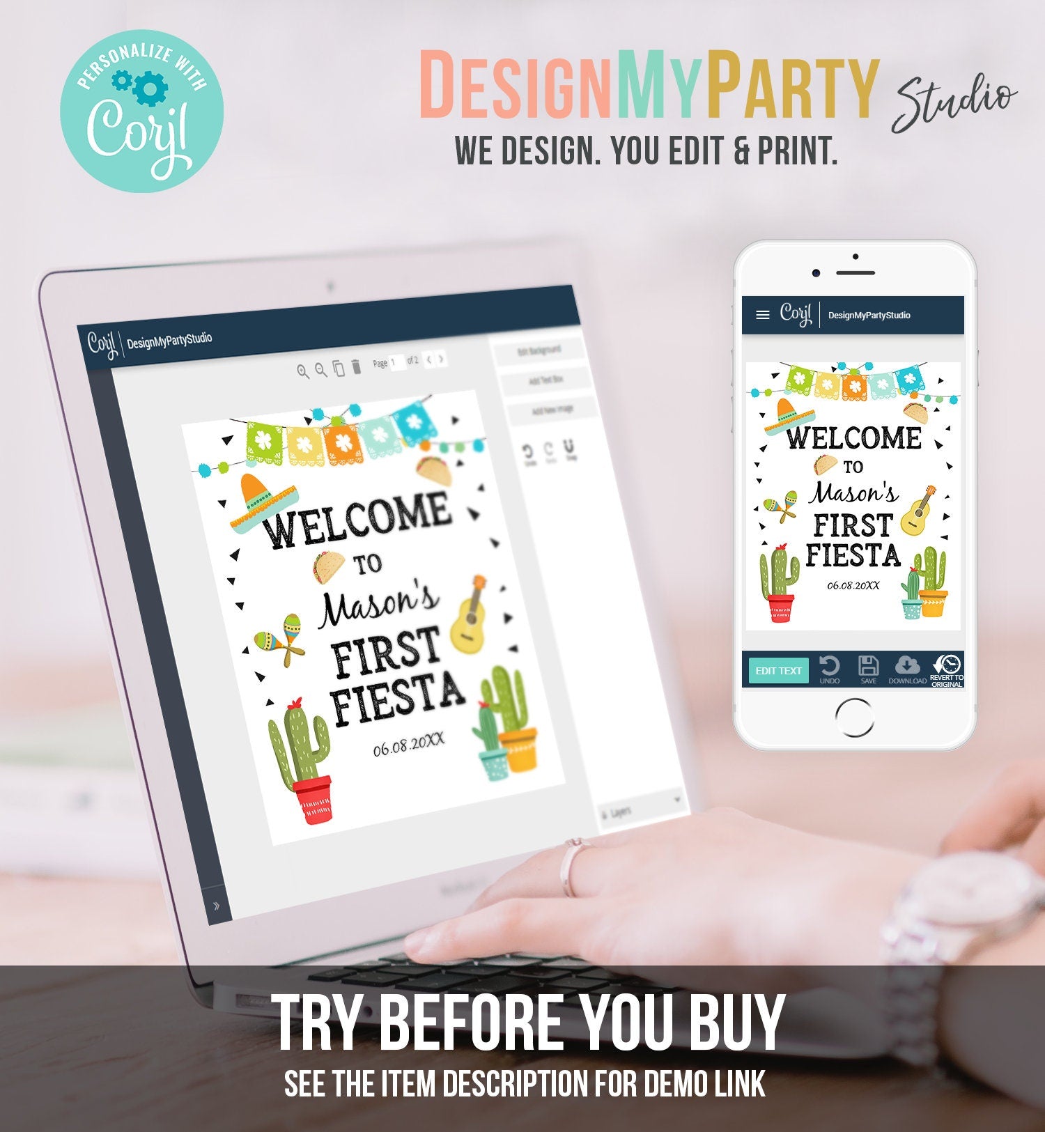 Editable Fiesta Welcome Sign First Birthday Fiesta Cactus Mexican Taco Bout Succulent Boy 1st Table Sign Digital Template Printable 0161