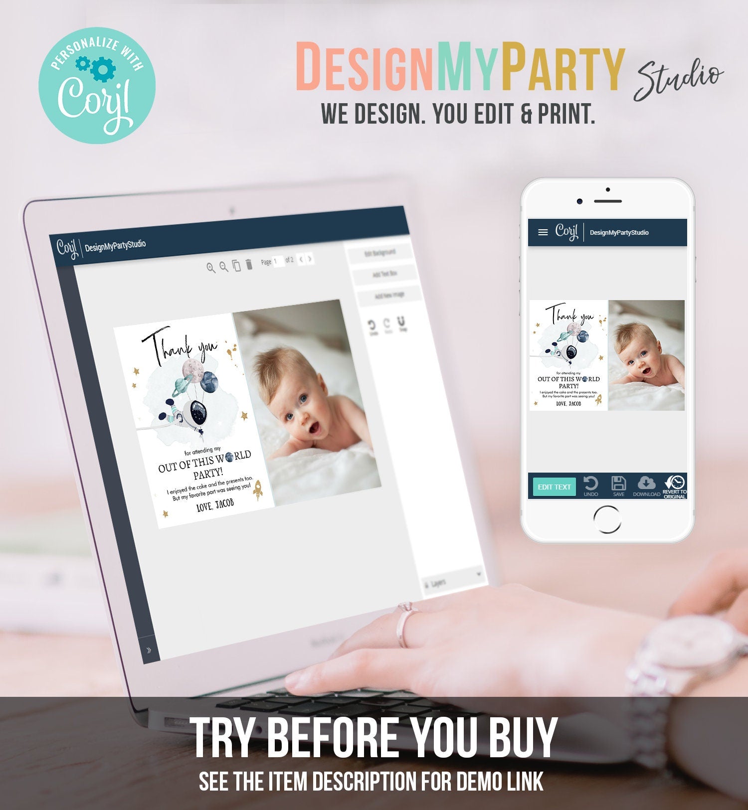 Editable Space Birthday Thank You Card Space Astronaut Galaxy Thank You Note Planets Boy Blue Digital Download Template Printable 0366