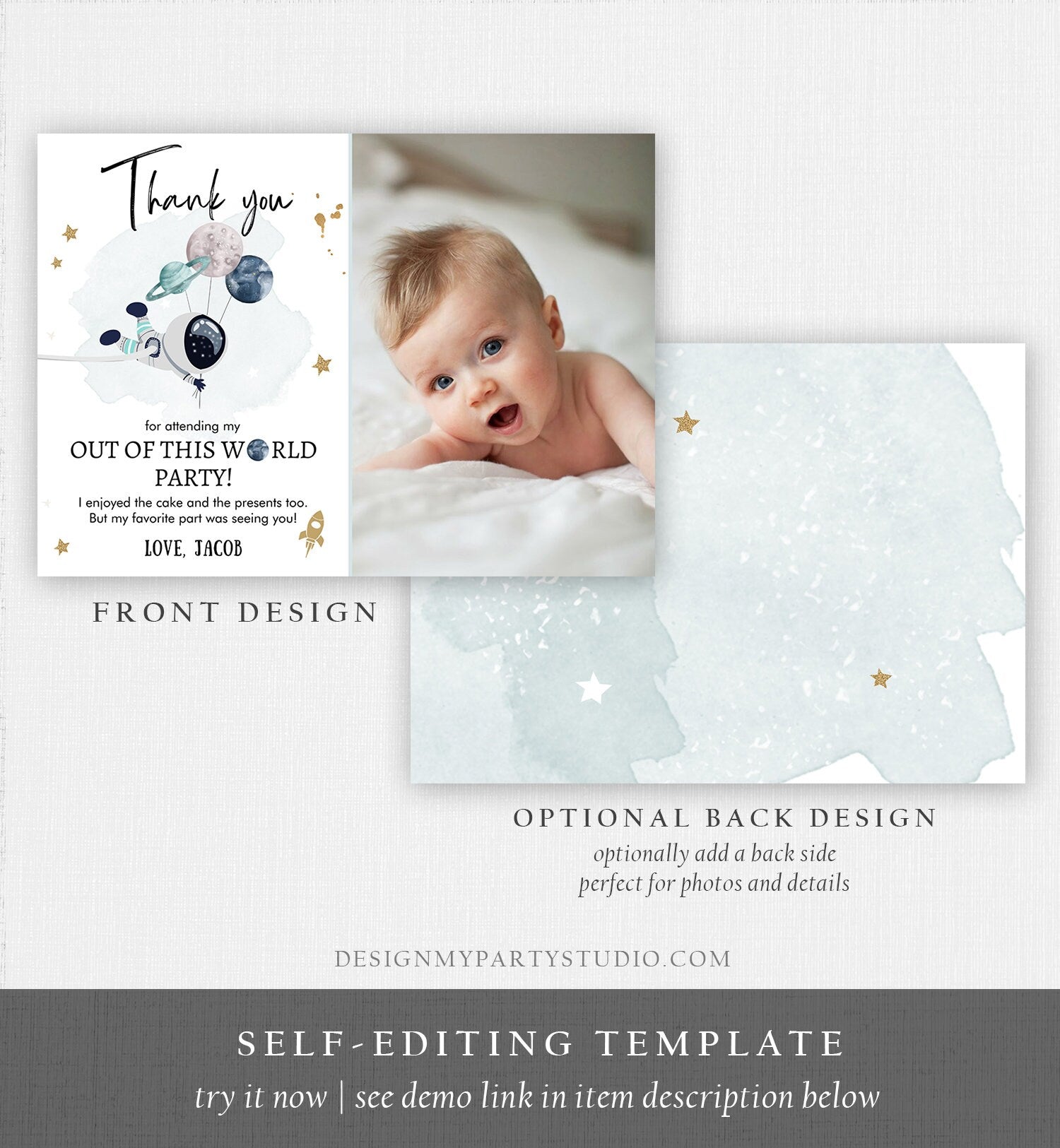 Editable Space Birthday Thank You Card Space Astronaut Galaxy Thank You Note Planets Boy Blue Digital Download Template Printable 0366