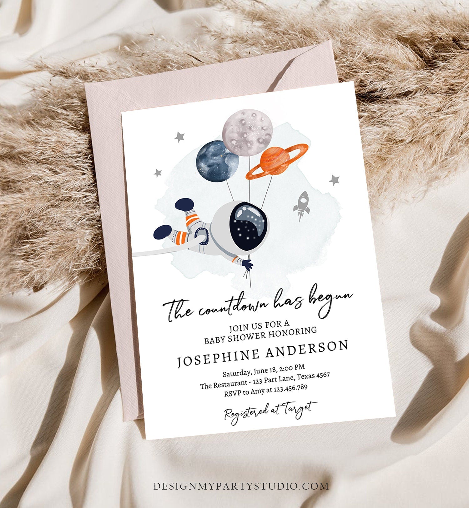 Editable Space Baby Shower Invitation Galaxy Outer Space It's a Boy Gold Planets Moon Countdown Digital Download Template Printable 0366