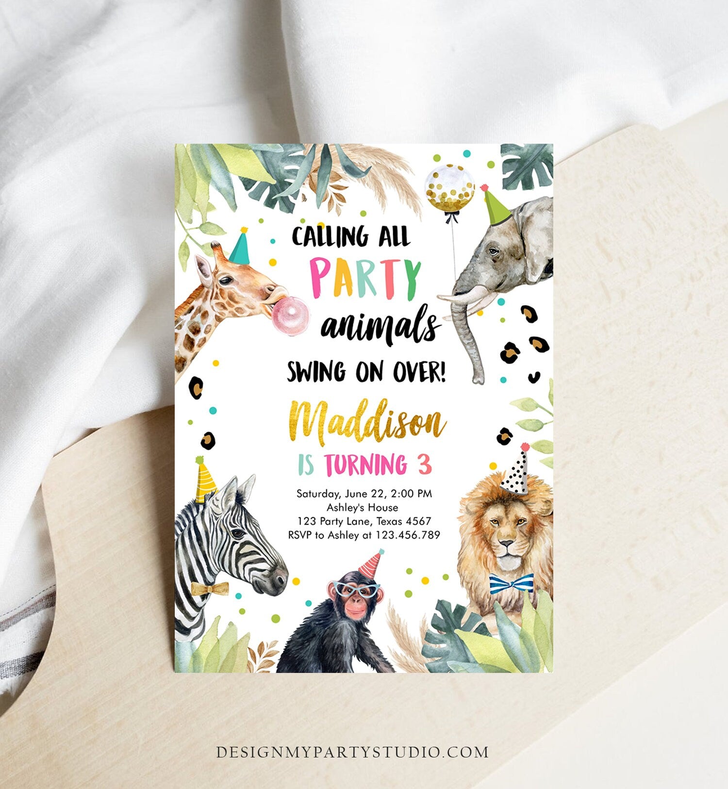 Editable Party Animals Birthday Invitation Wild One Animals Zoo Safari Animals Girl Digital Download Evite Template Printable 0417
