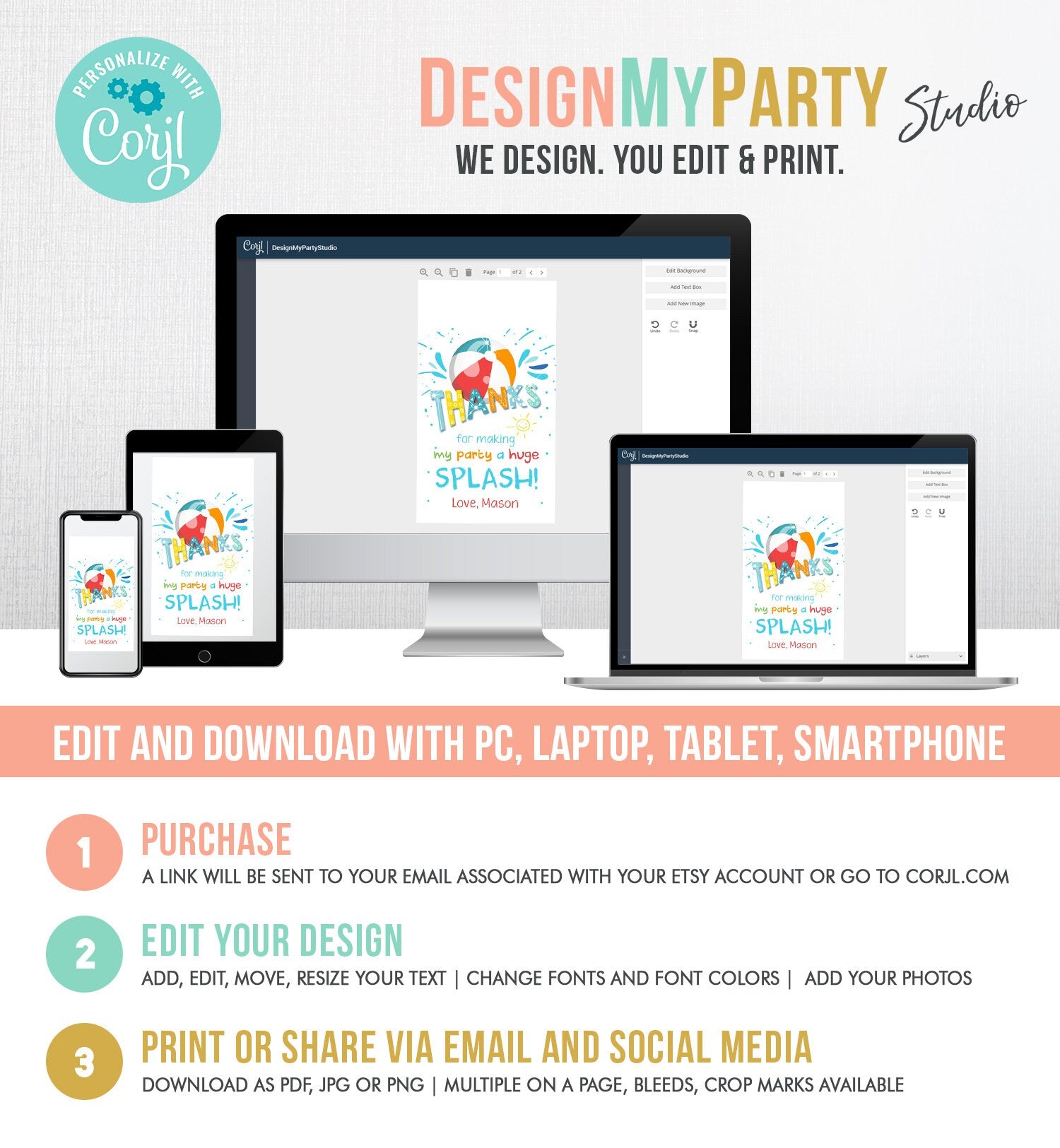 Editable Pool Party Favor Tag Splish Splash Birthday Bash Thank You Tag Boy Summer Beach Goodie Bag Download Corjl Template Printable 0169