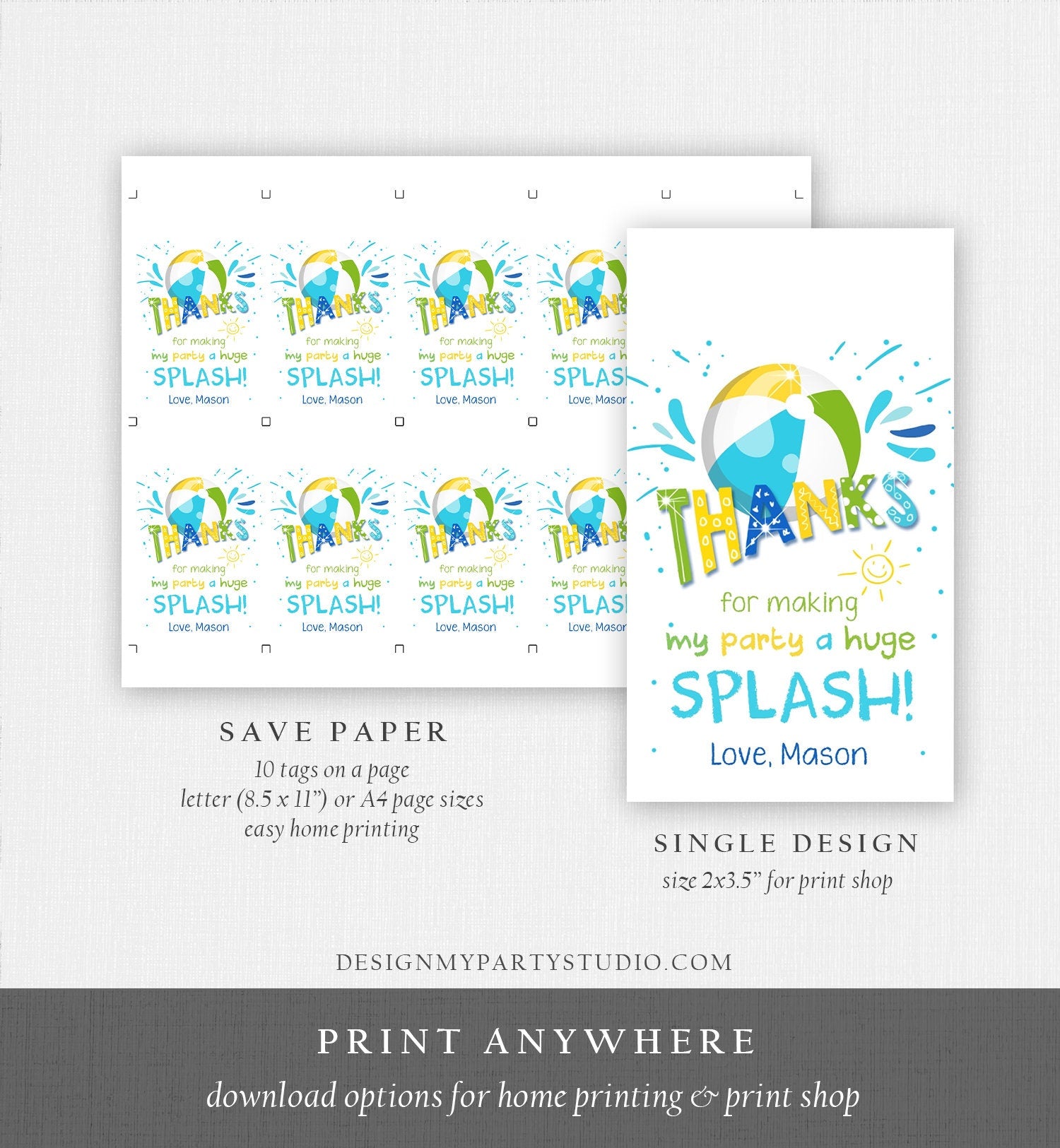 Editable Pool Party Favor Tag Splish Splash Birthday Bash Thank You Tag Boy Summer Beach Goodie Bag Download Digital Template Printable 0169