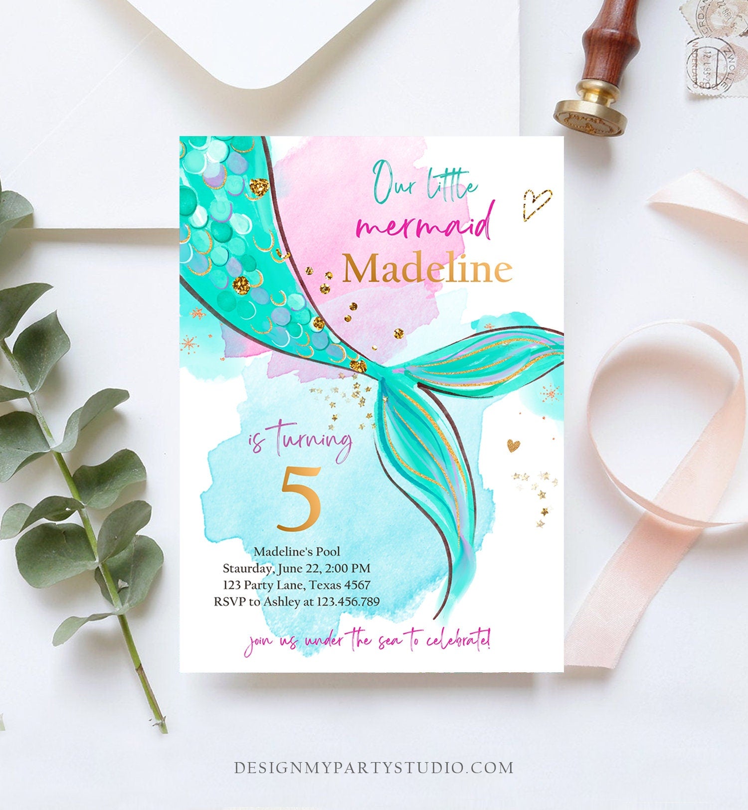 Editable Mermaid Birthday Party Invitation Girl Pink Green Purple Gold Mermaid Under The Sea Digital Download Template Printable 0403