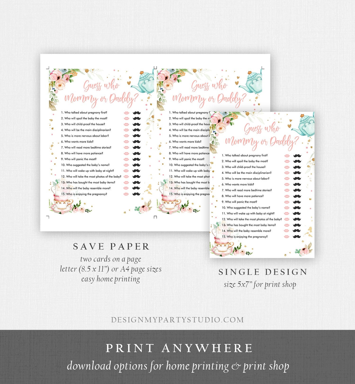 Editable Mommy or Daddy Baby Shower Game Guess Who Mom Dad Tea Party Baby is Brewing Game Shower Activity Digital Template Printable 0349