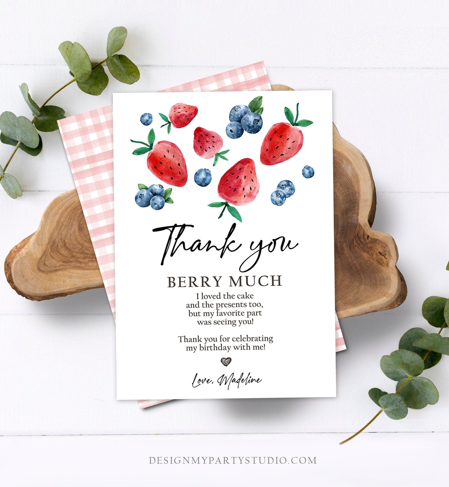 Editable Blueberry Strawberry Thank You Card Berry First Birthday Berry Sweet Farmers Market Digital Download Template Printable 0399