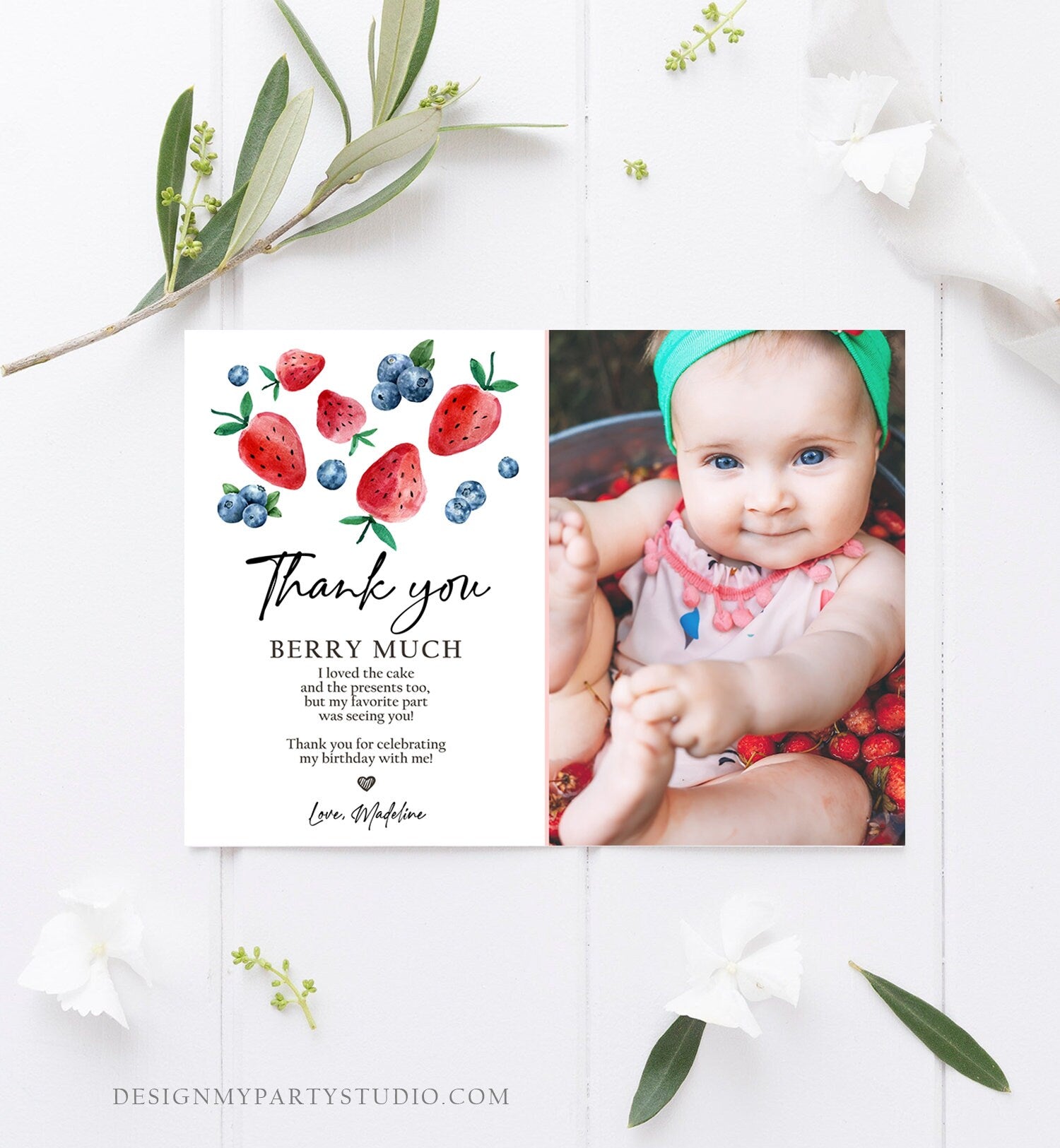 Editable Blueberry Strawberry Thank You Card Berry First Birthday Berry Sweet Farmers Market Digital Download Template Printable 0399