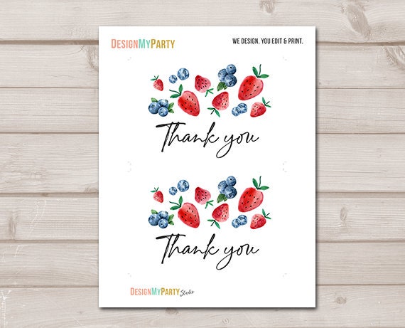 Blueberry Strawberry Thank You Card Girl Berry Birthday Party Thank You Note Girl Berry Sweet Instant Digital Download Printable 0399