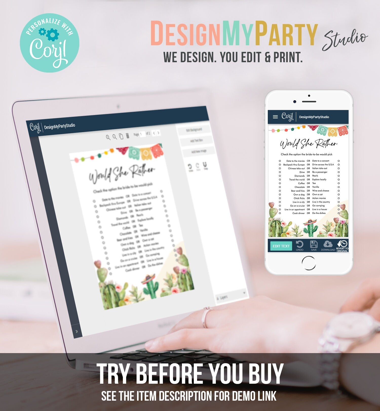 Editable Would She Rather Bridal Shower Game Cactus Fiesta Mexican Coed Shower Succulent Wedding Activity Digital Template Printable 0404