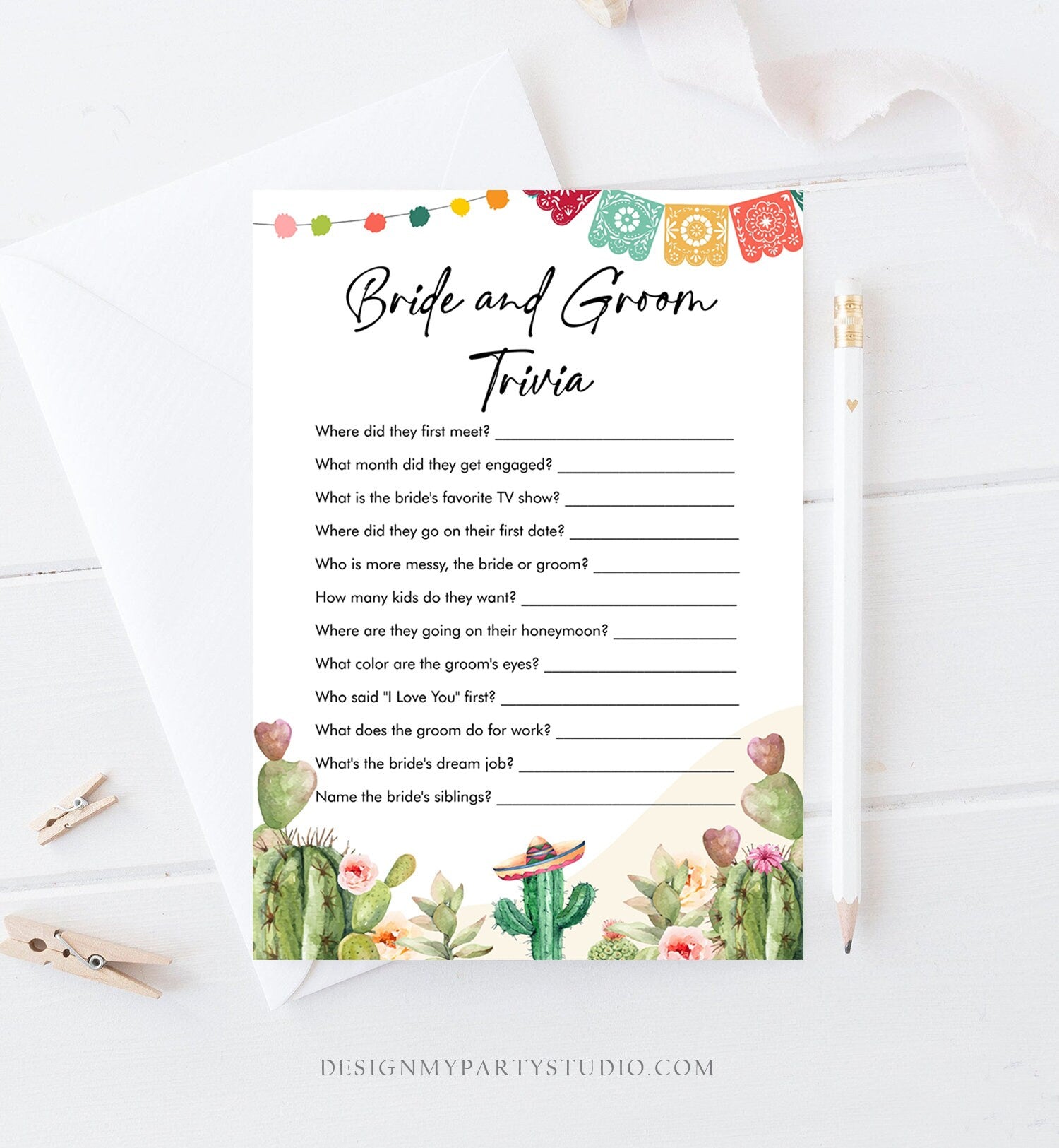 Editable Bride and Groom Trivia Bridal Shower Game Cactus Fiesta Mexican Coed Shower Games Wedding Activity Corjl Template Printable 0404