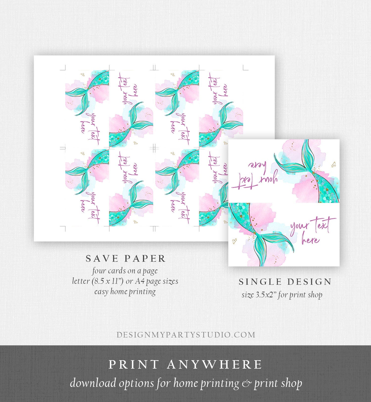 Editable Mermaid Food Labels Mermaid Birthday Place Card Tent Card Escort Card Girl Pink Gold Under The Sea Printable Corjl Template 0403