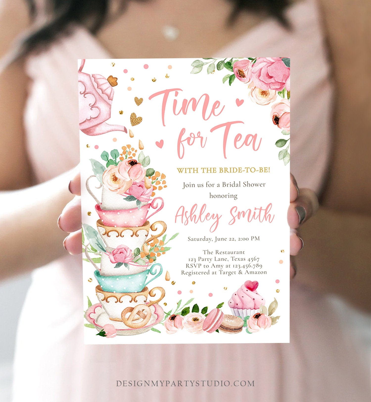 Editable Time For Tea Bridal Shower Invitation Tea Party Wedding Shower Floral Pink Gold Blush Love is Brewing Corjl Template Printable 0349