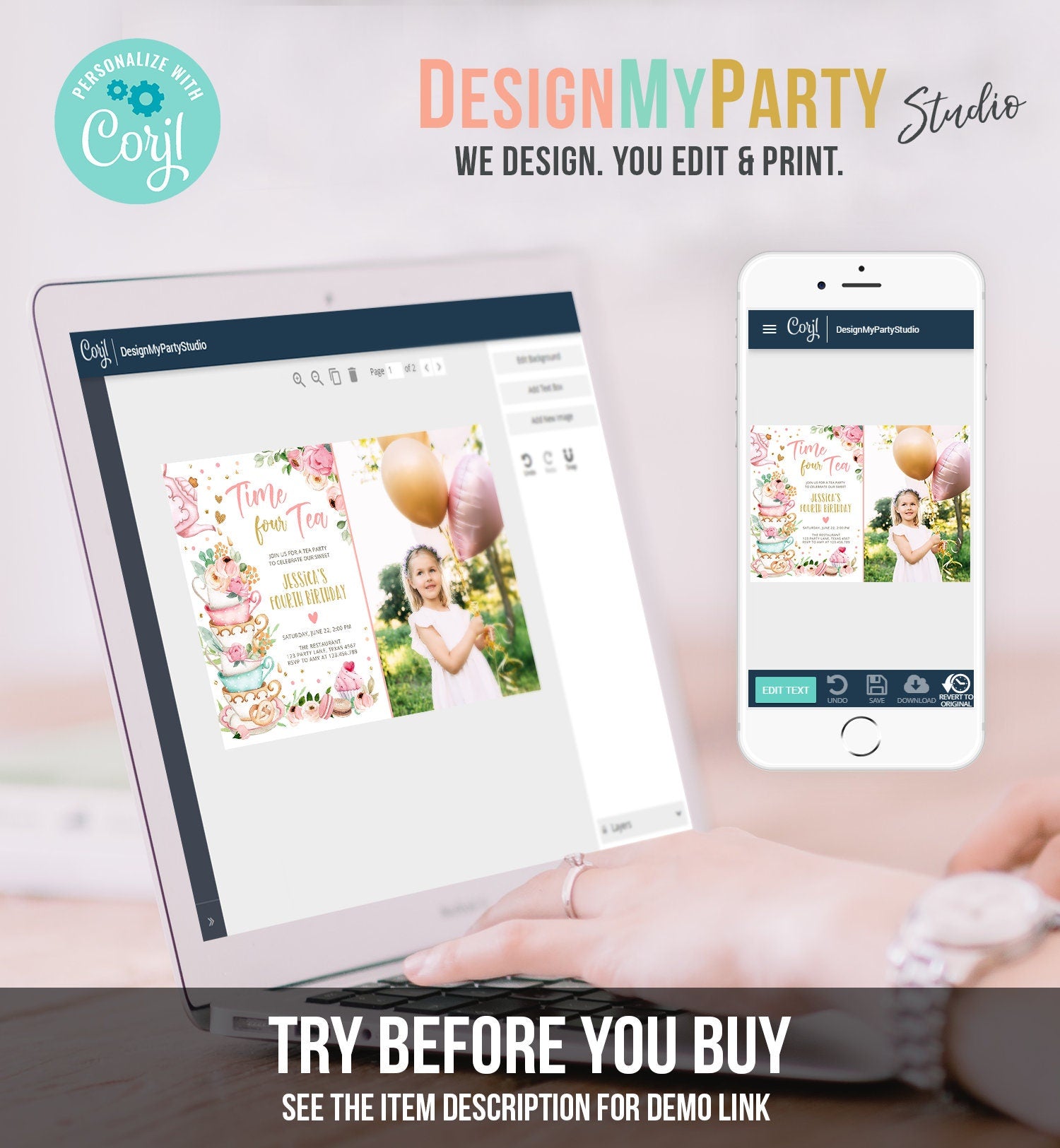 Editable Time Four Tea Birthday Invitation Girl Tea Party Invite Pink Gold Floral Peach Fourth Birthday 4th Corjl Template Printable 0349