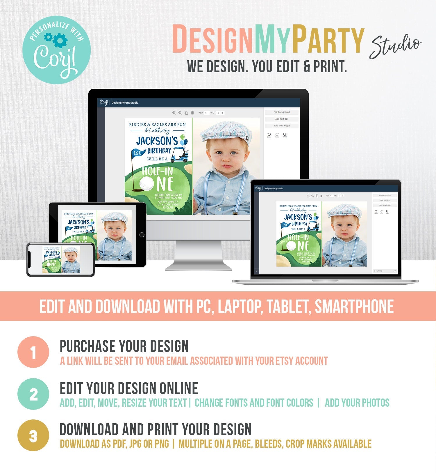 Editable Hole in One Birthday Invitation Golf First Birthday Par-tee Golf Invite Boy Golfing Digital Download Evite Template Printable 0405