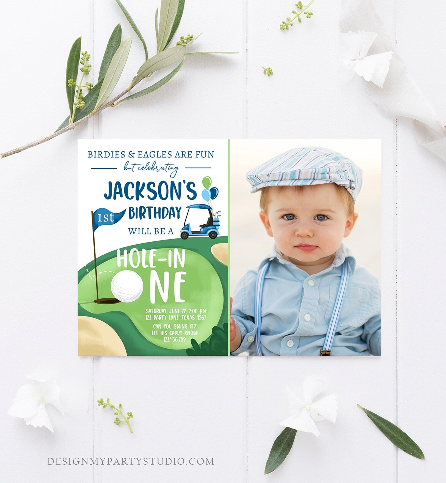 Editable Hole in One Birthday Invitation Golf First Birthday Par-tee Golf Invite Boy Golfing Digital Download Evite Template Printable 0405