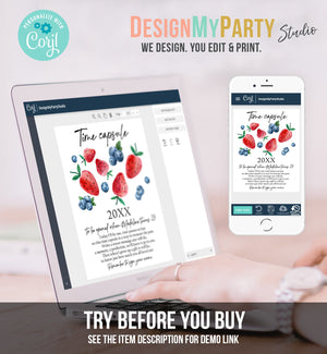Editable Time Capsule Berry First Birthday Strawberry Blueberry Party Decorations Berry Sweet Party Girl Boy Template Printable Corjl 0399