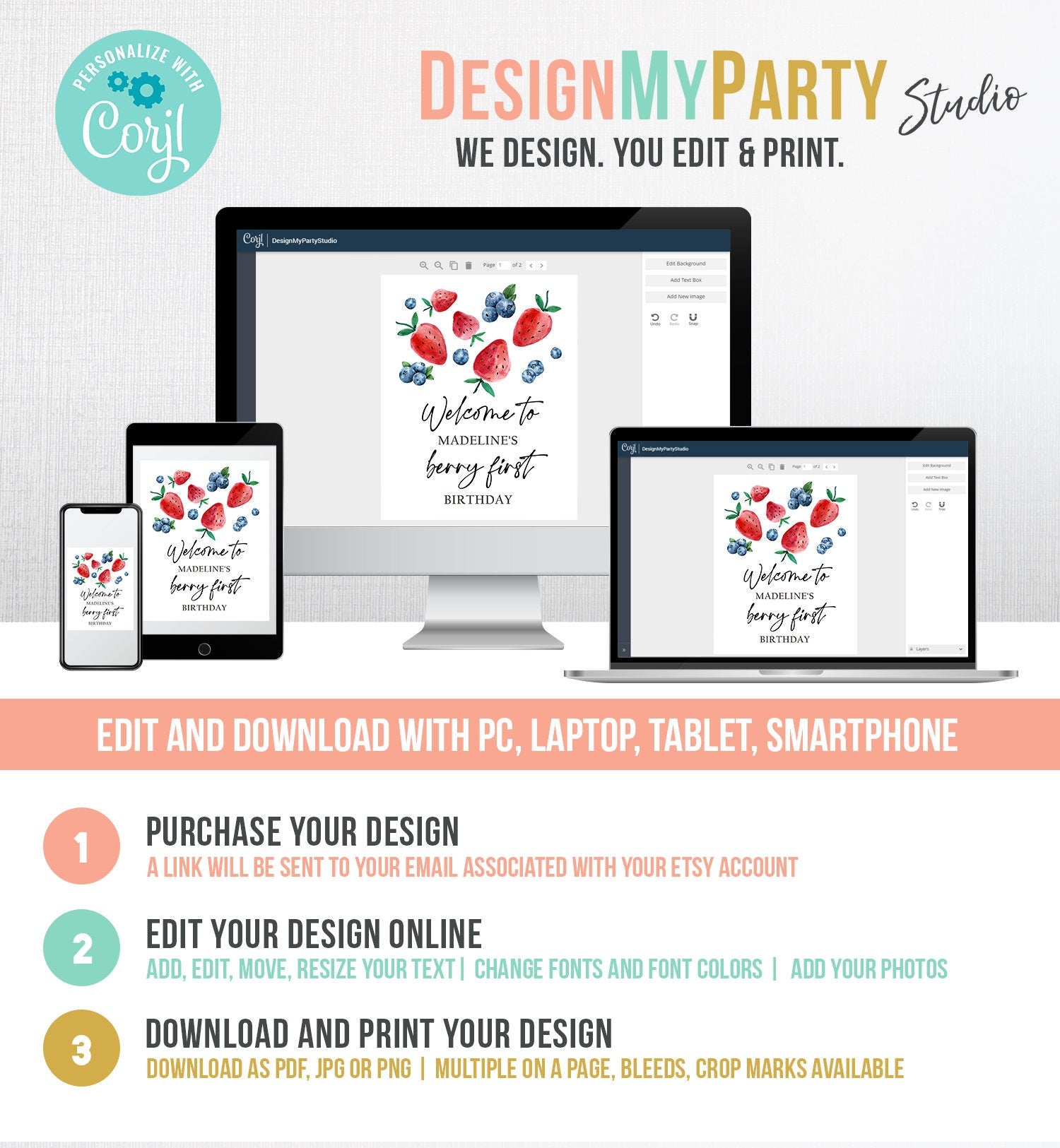 Editable Berry First Birthday Welcome Sign Strawberry Blueberry Party Welcome Farmers Market Girl Watercolor Template PRINTABLE Corjl 0399