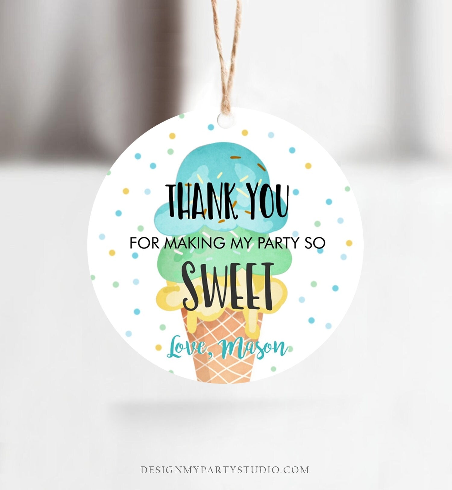 Editable Ice Cream Thank you Tags Round Ice Cream Stickers Ice Cream Birthday Boy Blue Mint Ice Cream Social Favor Tags Template Corjl 0243