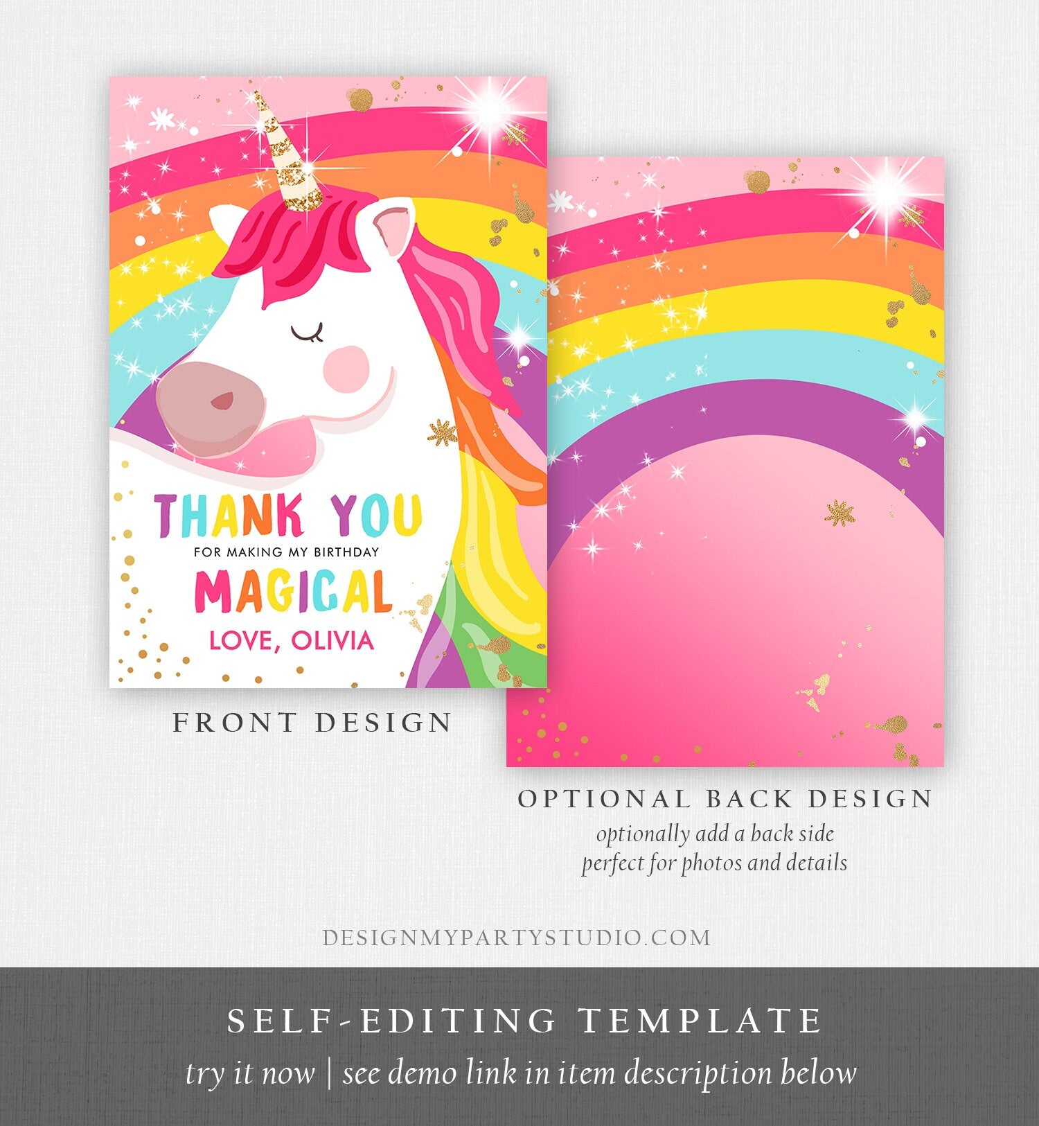 Editable Unicorn Thank You Card Magical Birthday Party Rainbow Thank You Note Pink Gold Girl Unicorn Digital Template Printable 0323