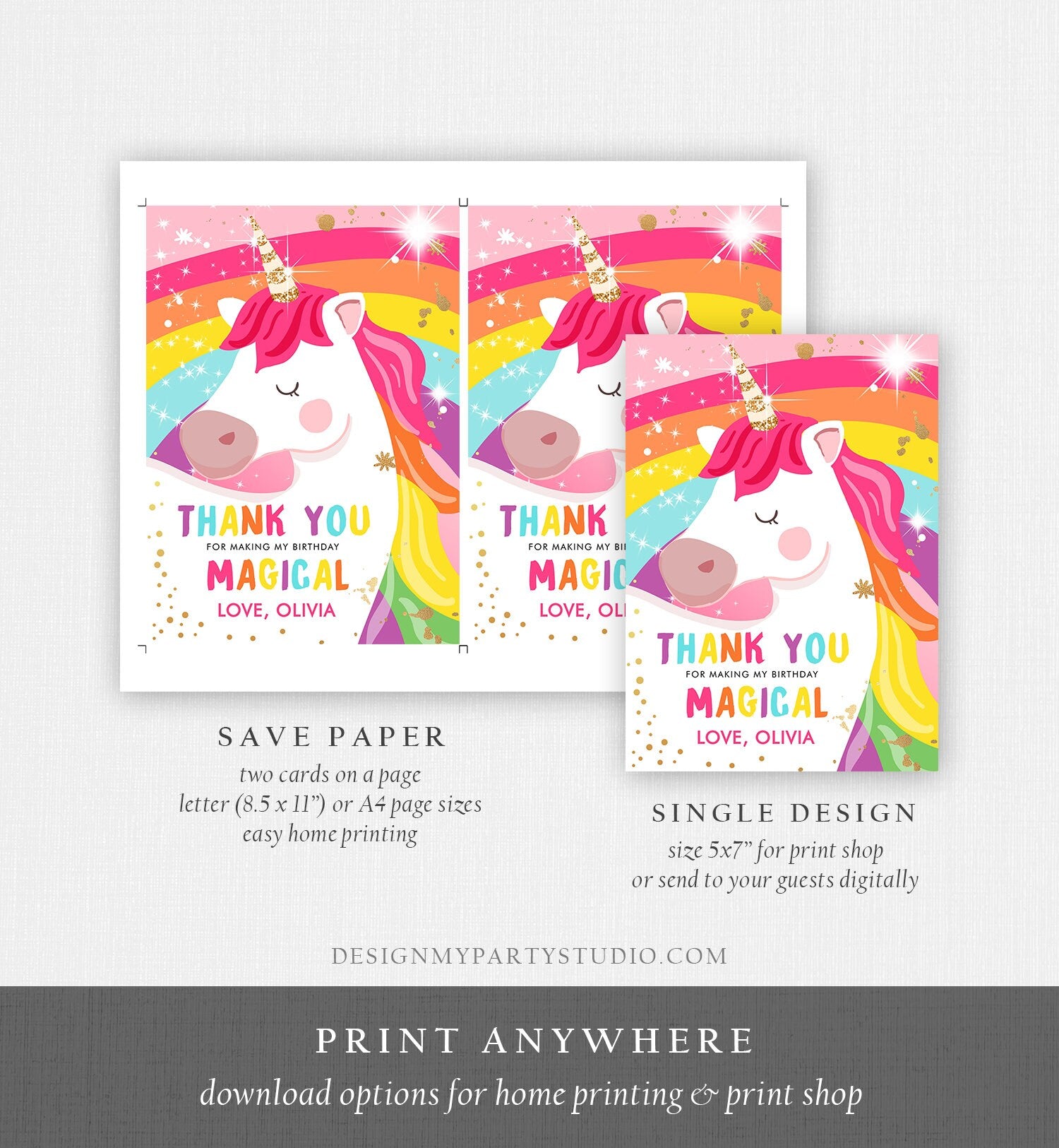 Editable Unicorn Thank You Card Magical Birthday Party Rainbow Thank You Note Pink Gold Girl Unicorn Digital Template Printable 0323