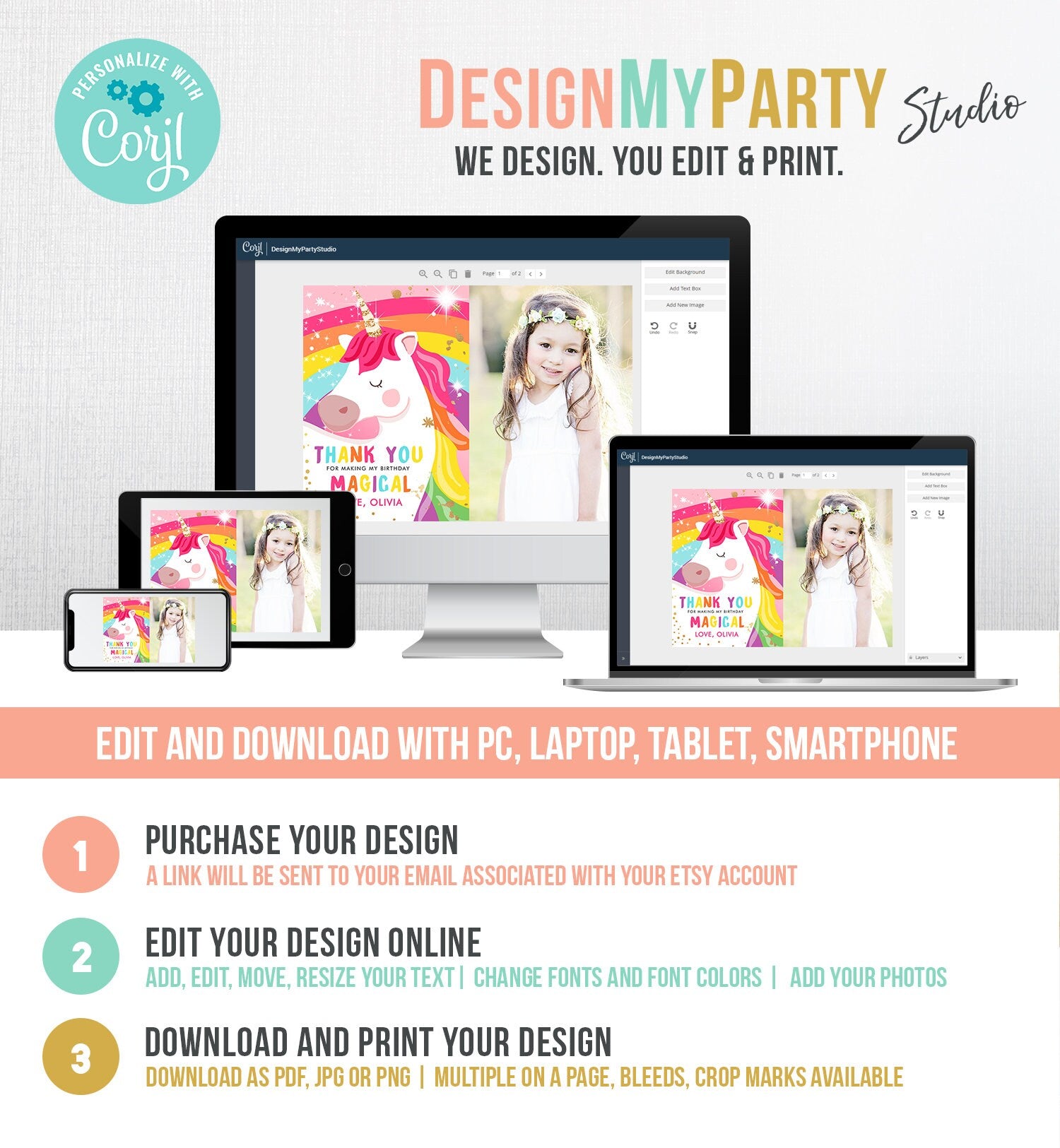 Editable Unicorn Thank You Card Magical Birthday Party Rainbow Thank You Note Pink Girl Photo Unicorn Digital Template Printable 0323