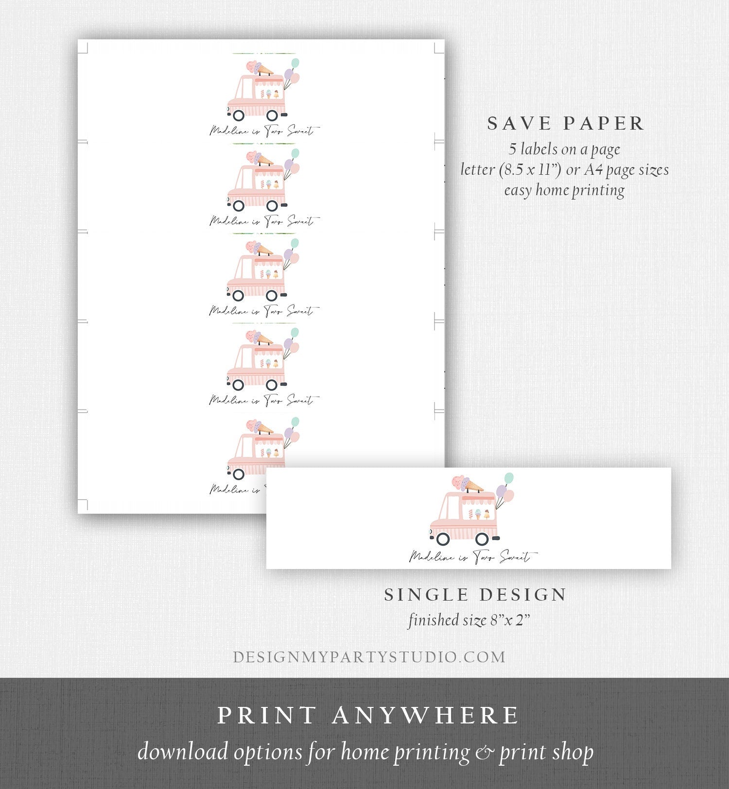 Editable Ice Cream Truck Water Bottle Labels Modern Ice Cream 2nd Birthday Decor Two Sweet Scoop Digital Download Template Printable 0415