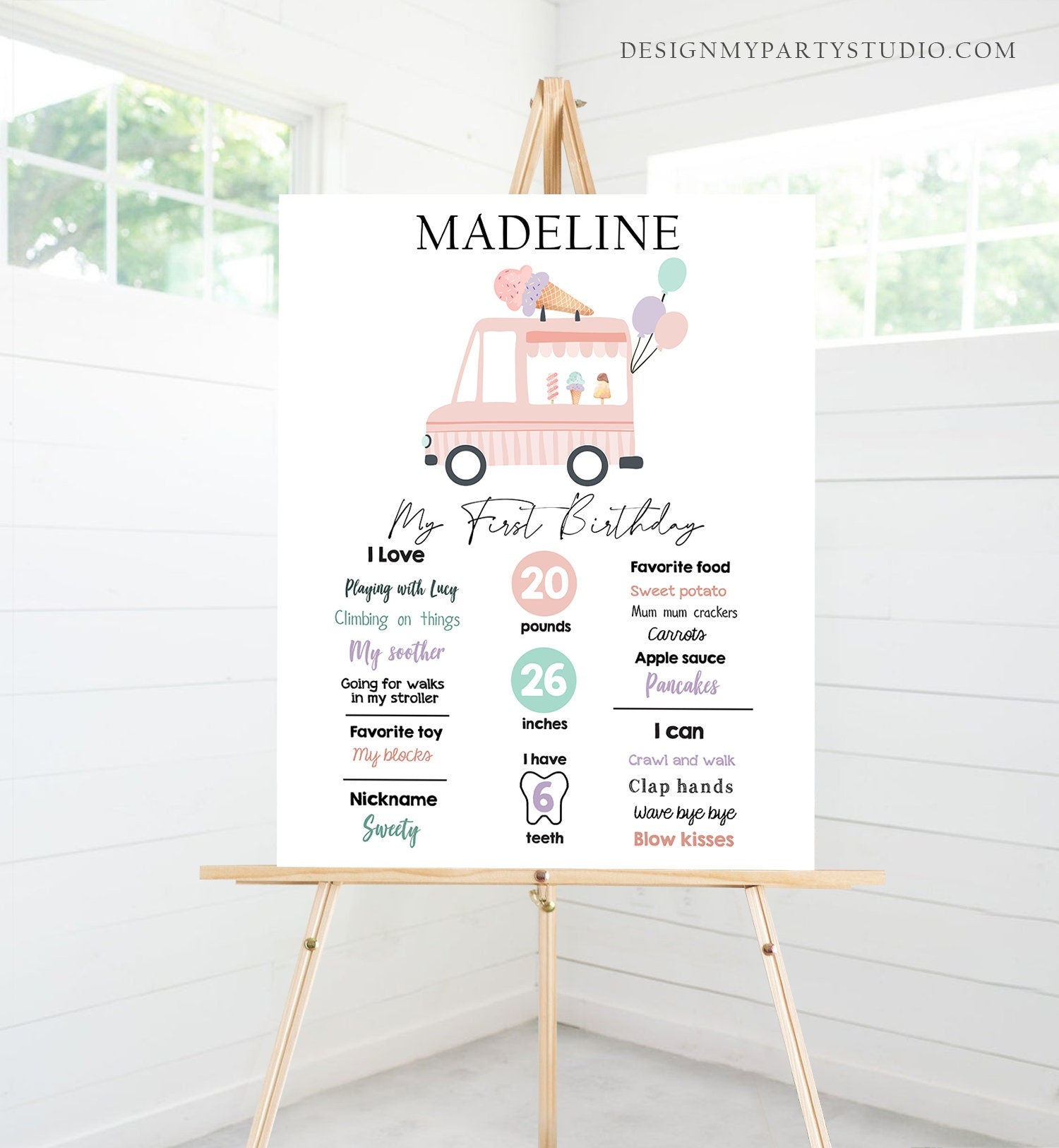 Editable Ice Cream Birthday Milestones Sign Girl Pink First Birthday Ice Cream Truck 1st Cone Sweet Digital Download Template Printable 0415