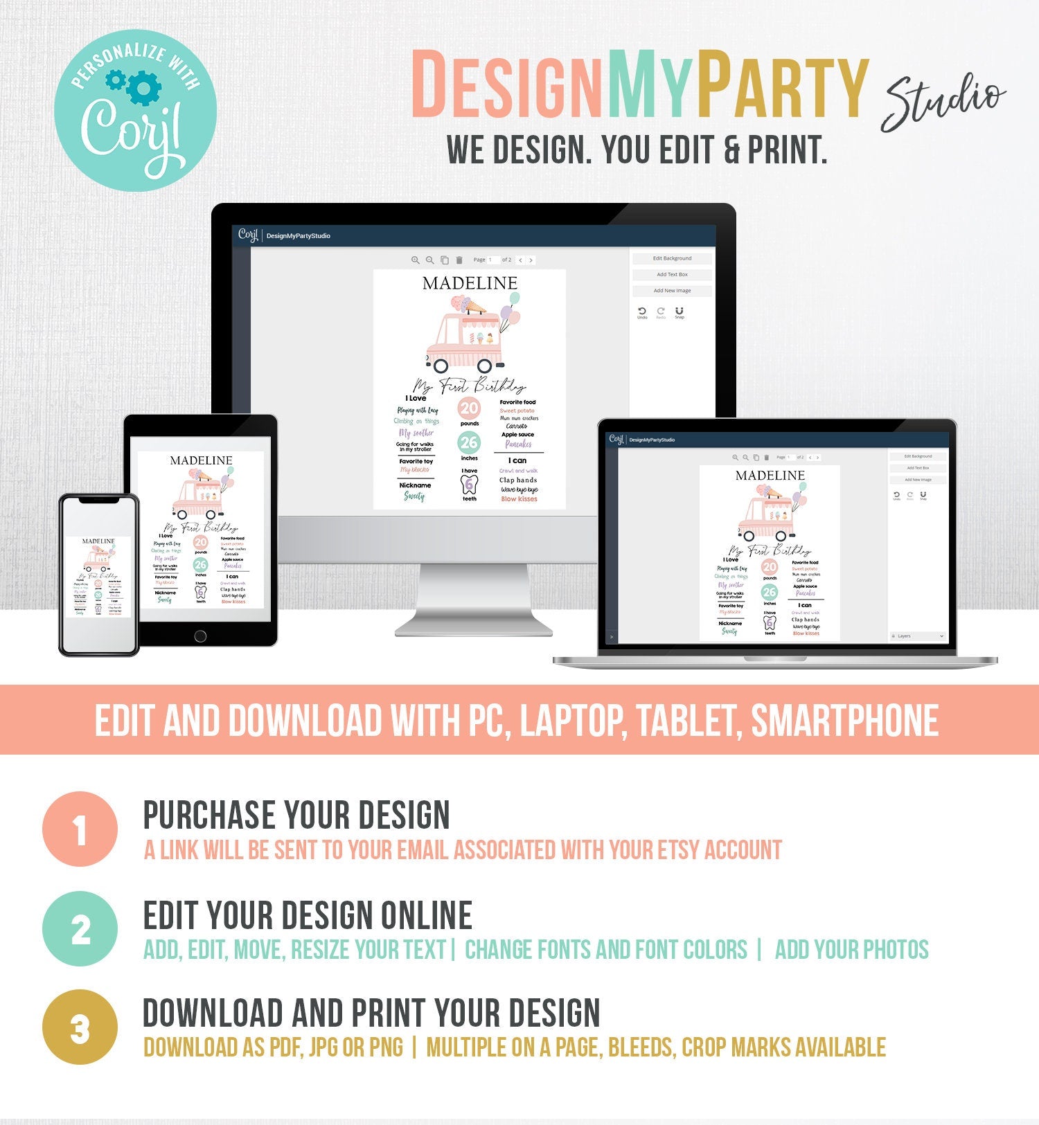 Editable Ice Cream Birthday Milestones Sign Girl Pink First Birthday Ice Cream Truck 1st Cone Sweet Digital Download Template Printable 0415