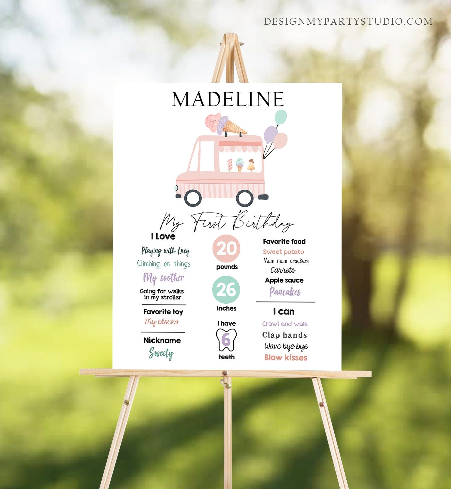 Editable Ice Cream Birthday Milestones Sign Girl Pink First Birthday Ice Cream Truck 1st Cone Sweet Digital Download Template Printable 0415