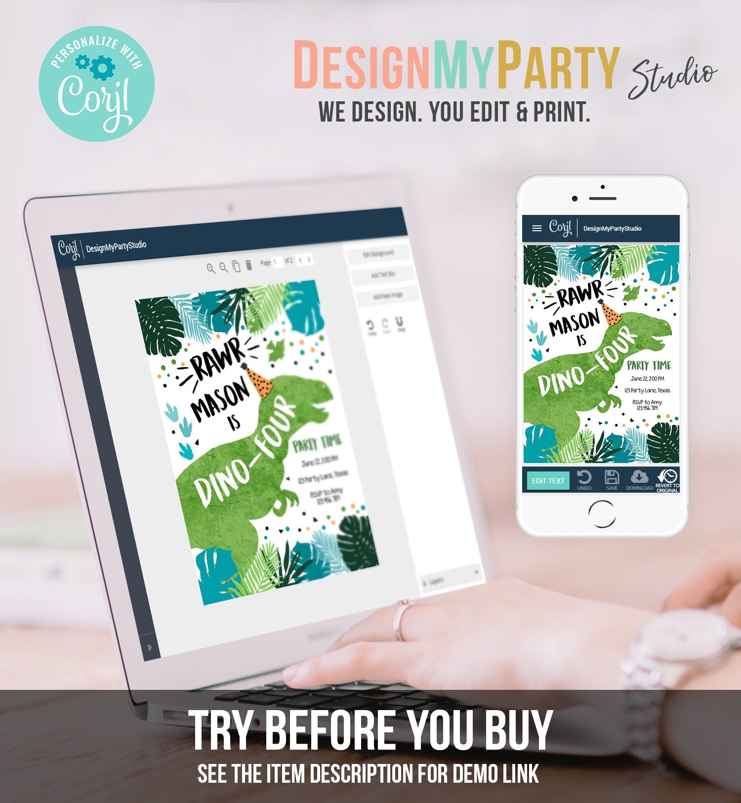 Editable Dino-Four Dinosaur Birthday Invitation Dino T-Rex 4th Birthday Fourth Rawr Boy Green Blue Prehistoric Printable Corjl Template 0389