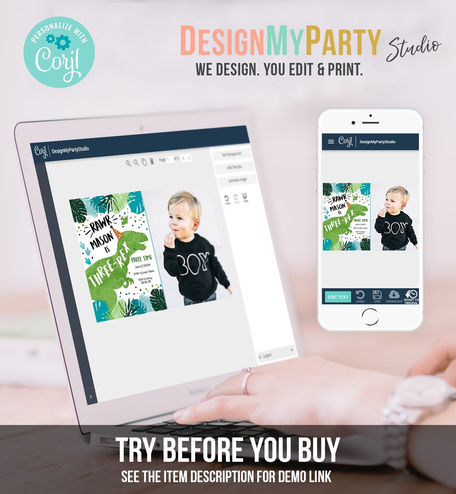 Editable Three-Rex Dinosaur Birthday Invitation Dino T-Rex Third Birthday 3rd Rawr Boy Green Blue Prehistoric Evite Template Printable 0389