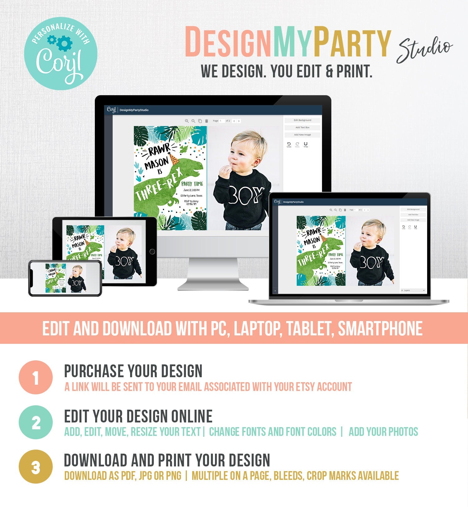 Editable Three-Rex Dinosaur Birthday Invitation Dino T-Rex Third Birthday 3rd Rawr Boy Green Blue Prehistoric Evite Template Printable 0389