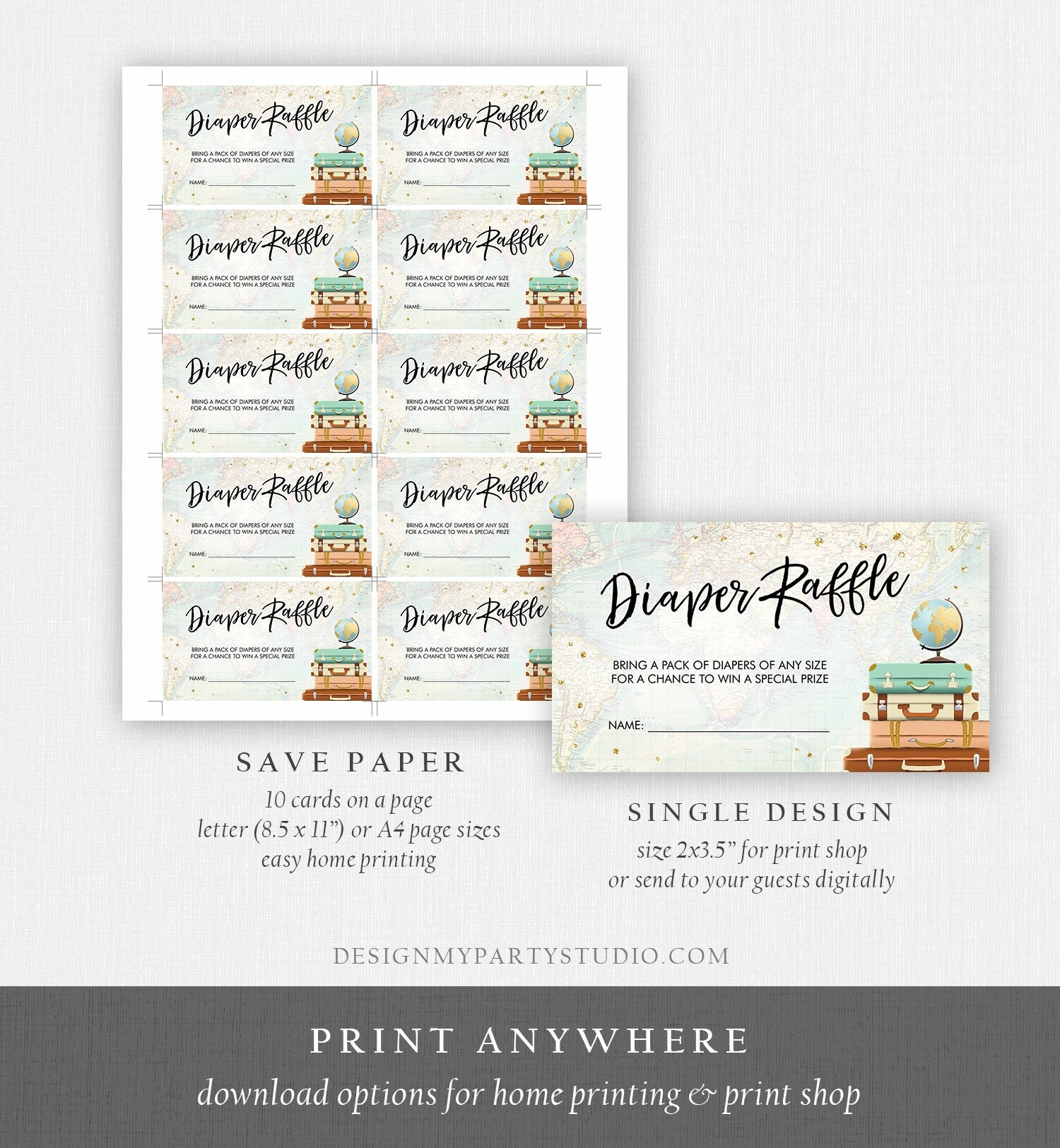 Editable Travel Diaper Raffle Ticket Baby Shower Diaper Game Journey Travel Adventure Begins Suitcases Globe Corjl Template Printable 0263