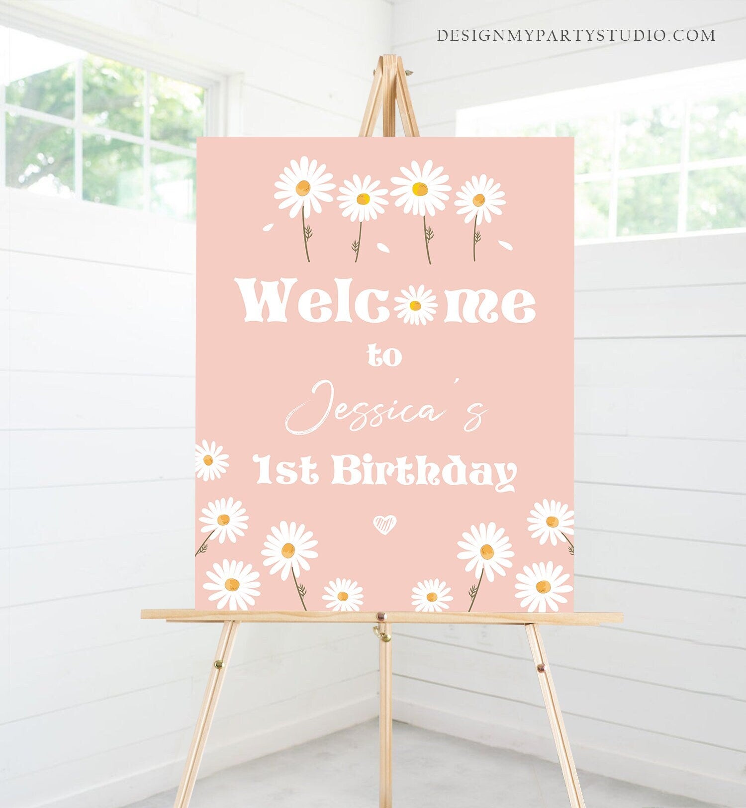 Editable Daisy Birthday Welcome Sign Floral Boho Birthday Welcome Sign Daisies Wildflower Birthday Girl Pink Template Corjl PRINTABLE 0410