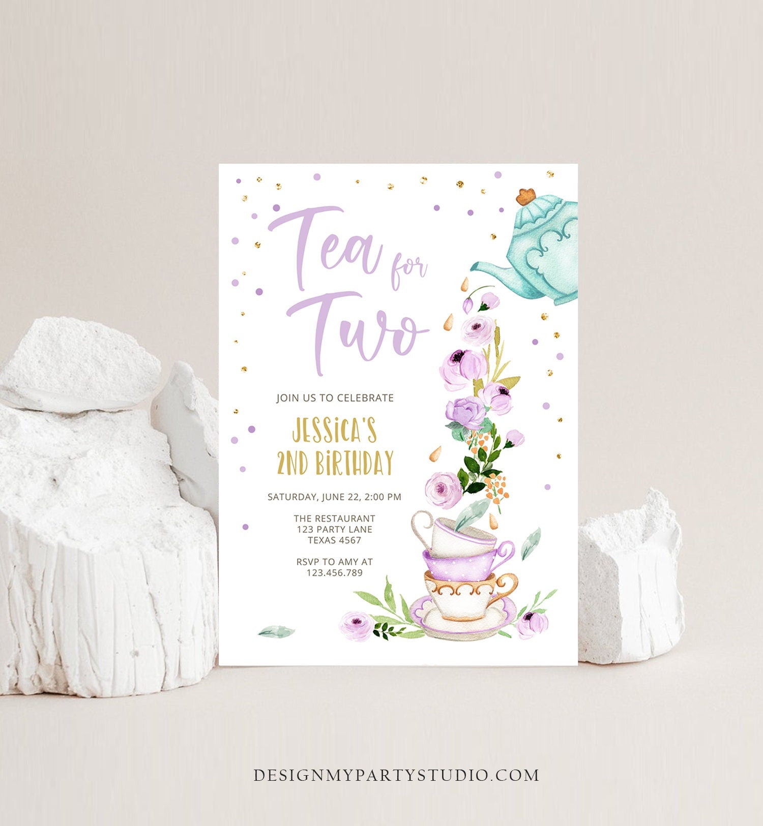 Editable Tea for Two Birthday Invitation Girl Tea Party Invite Pink Purple Floral Whimsical Digital Download Evite Template Printable 0349