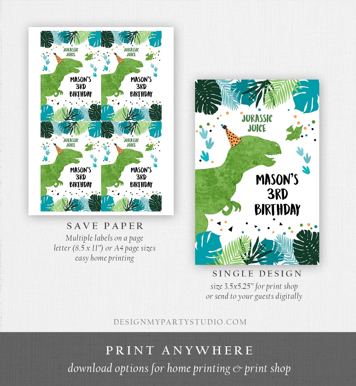 Editable Dinosaur Juice Pouch Labels Dinosaur Birthday Dino Boy Birthday T-Rex Green Prehistoric Download Digital Template Printable 0389