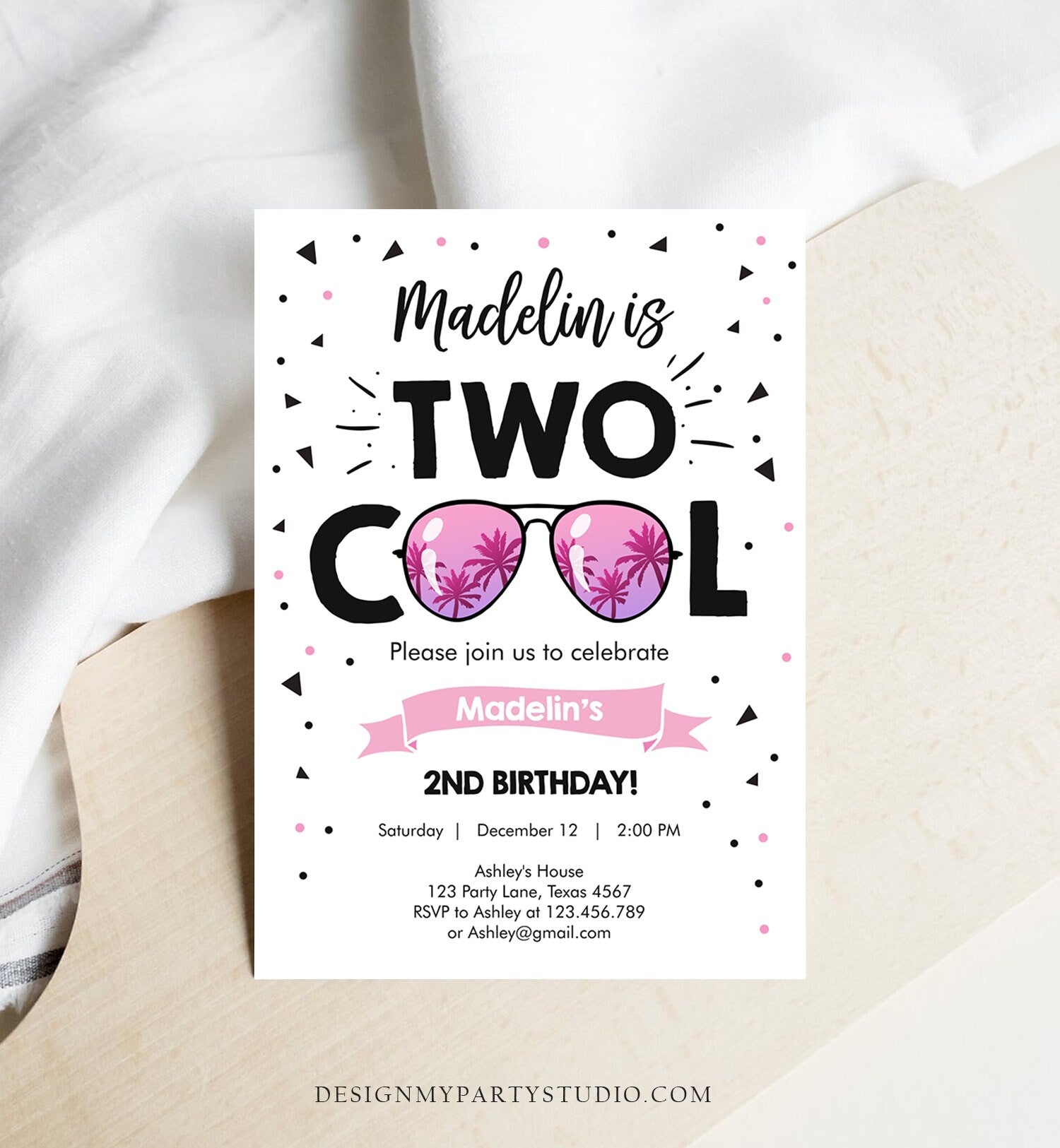 Editable Two Cool Birthday Invitation Girl Second Birthday Party 2nd I'm this Many I'm Two Cool Sunglasses Evite Template Printable 0136