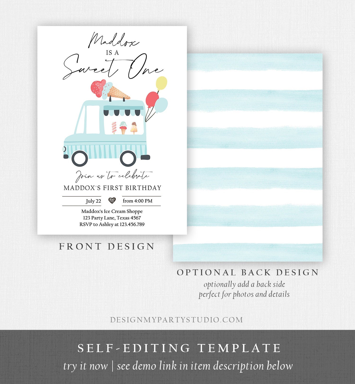 Editable Ice Cream Truck Birthday Invitation Boy Ice Cream Sweet One Modern Birthday Party First Digital Download Template Printable 0415