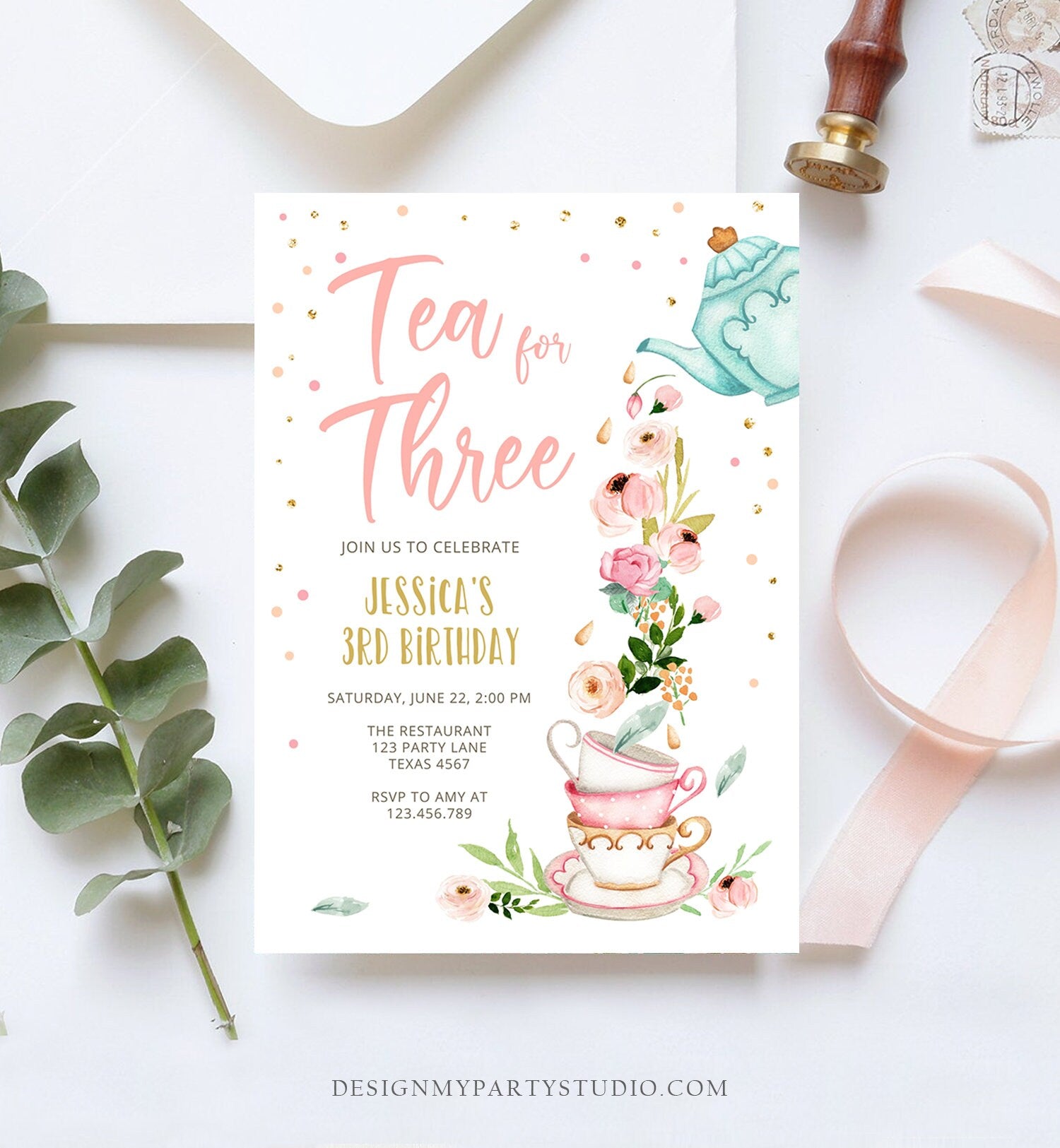 Editable Tea for Three Birthday Invitation Girl Tea Party Invite Pink Gold Floral 3rd Third Birthday Par-tea Corjl Template Printable 0349