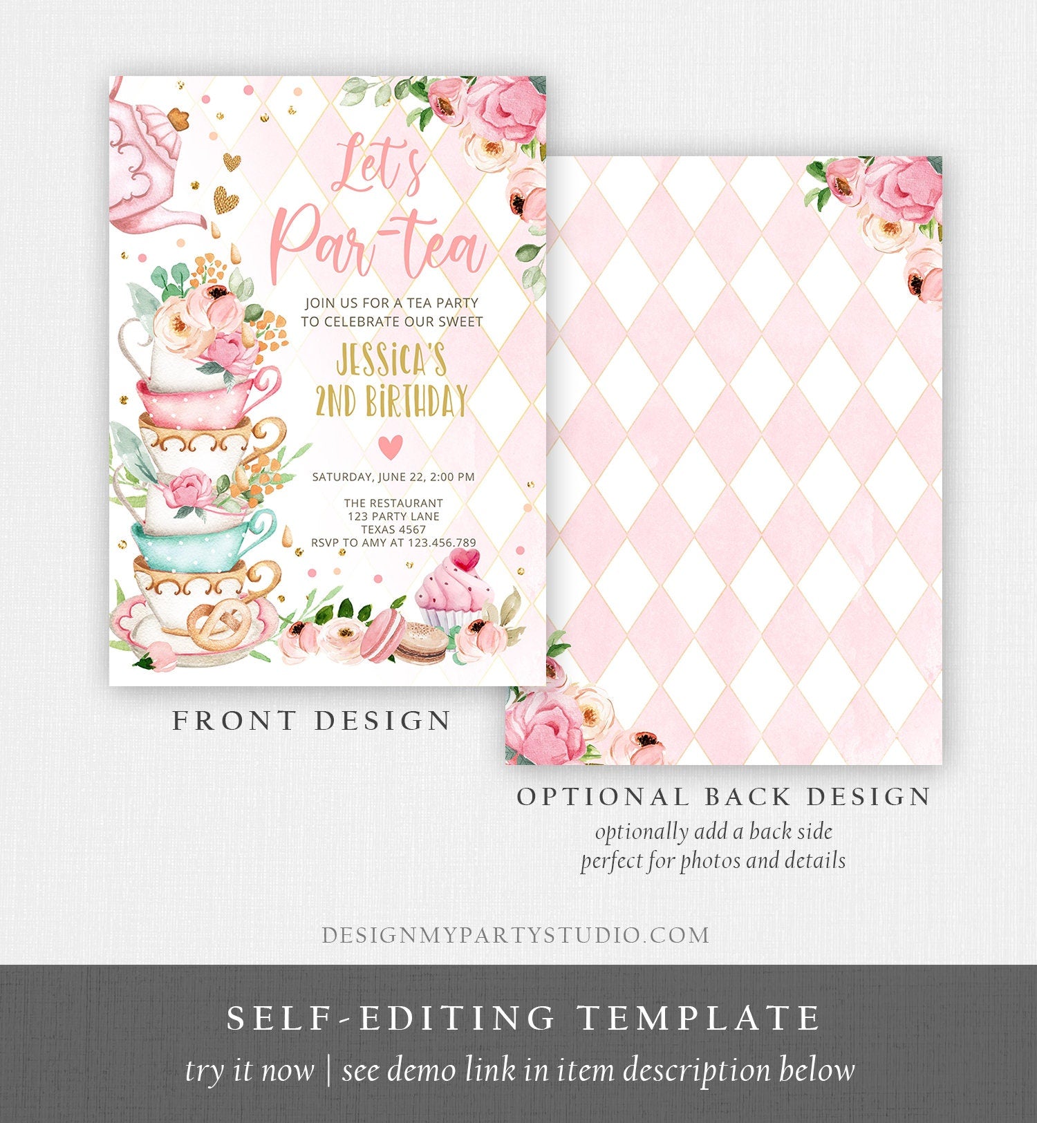 Editable Tea Party Birthday Invitation Girl Par-Tea Invite Floral Pink Gold Whimsical Tea Download Printable Template Corjl Digital 0349