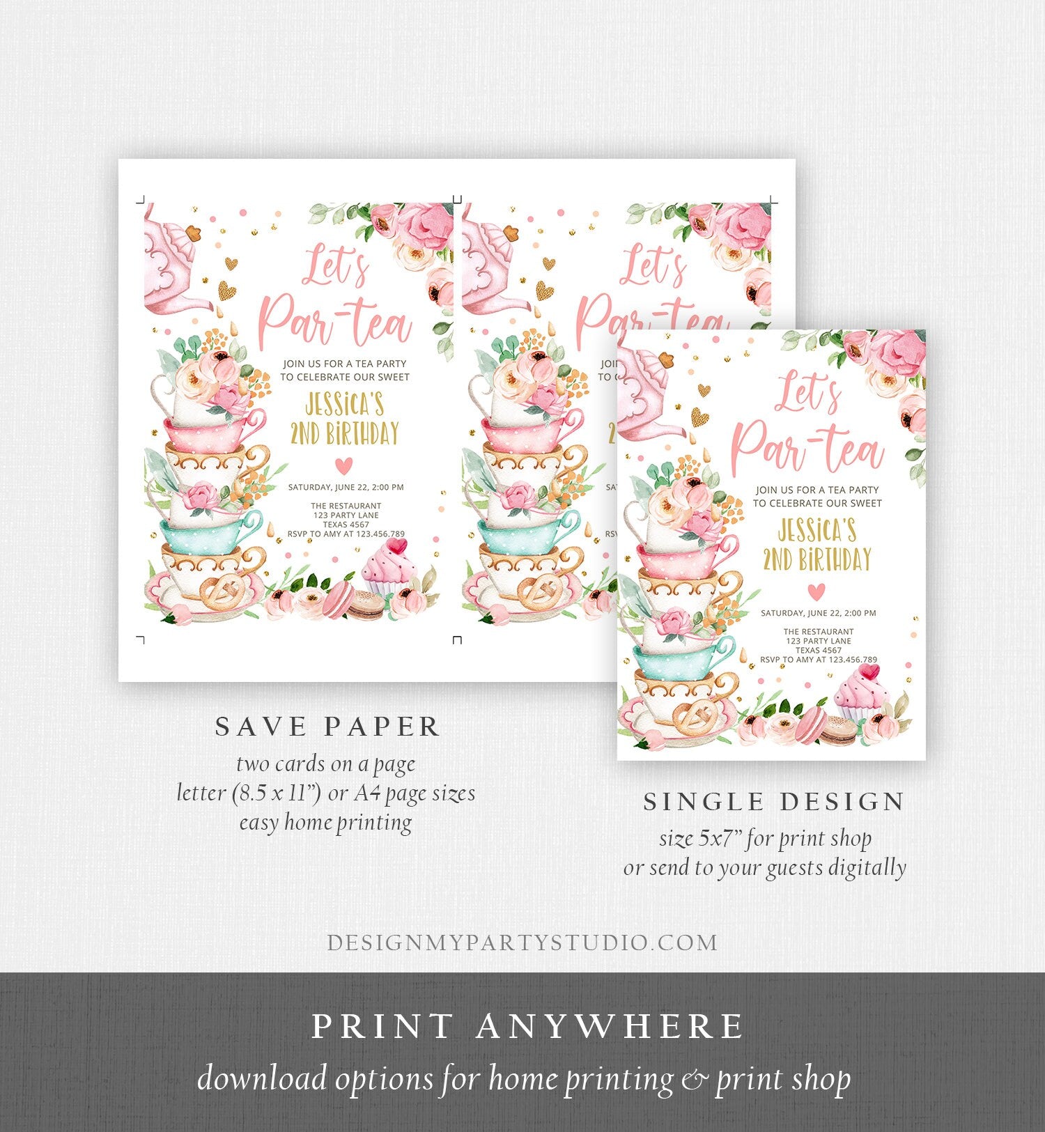Editable Tea Party Birthday Invitation Girl Par-Tea Invite Floral Pink Gold Whimsical Tea Download Printable Template Corjl Digital 0349