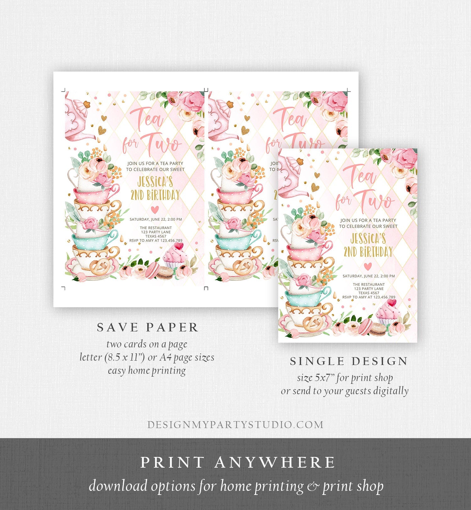 Editable Tea for Two Birthday Invitation Girl Tea Party Invite Pink Gold Floral Peach Pink Digital Download Evite Template Printable 0349