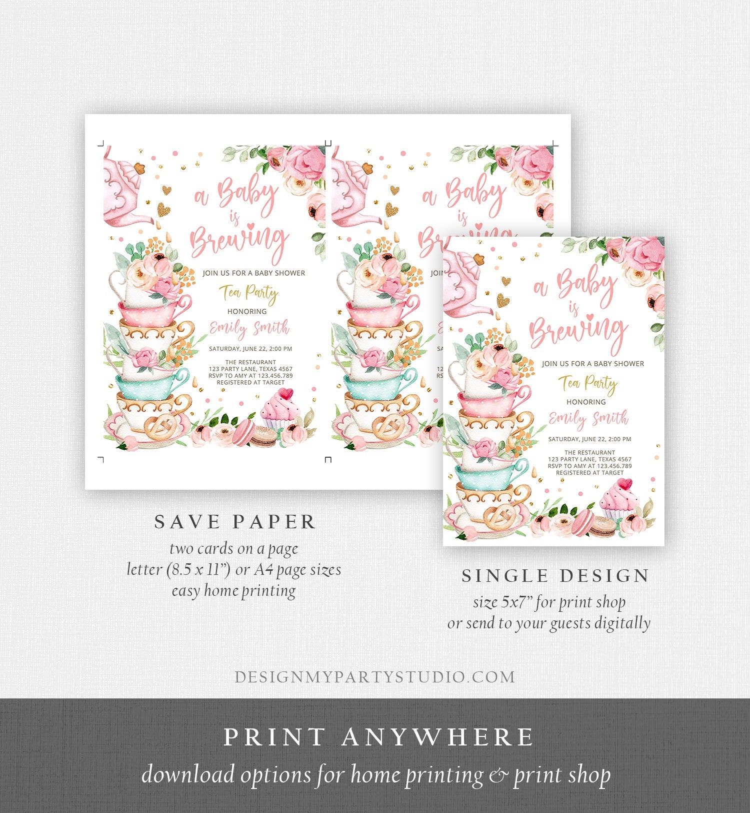 Editable Tea Party Baby Shower Invitation Tea Shower Sprinkle Floral Pink Gold Blush Brunch Bubbly Digital Download Template Printable 0349