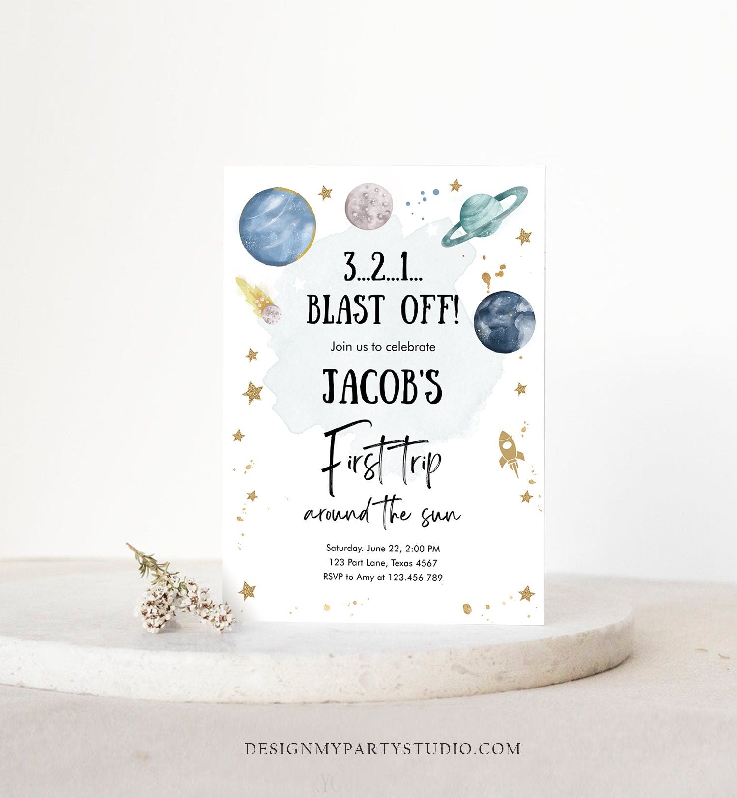 Editable Outer Space First Birthday Invitation Galaxy Blast Off First Trip Around the Sun Digital Download Evite Template Printable 0357