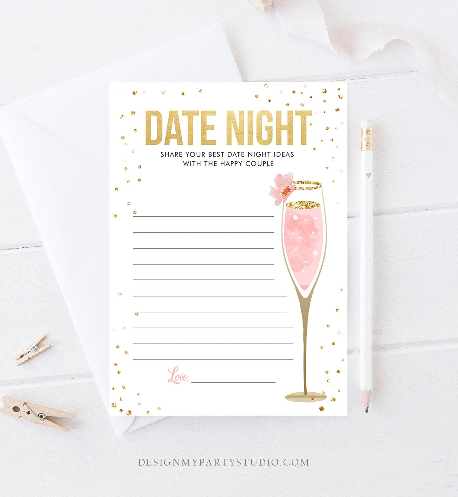 Editable Date Night Ideas Bridal Shower Game Idea Card Advice Game Insert Date Jar Brunch and Bubbly Pink Gold Champagne Corjl Template 0150